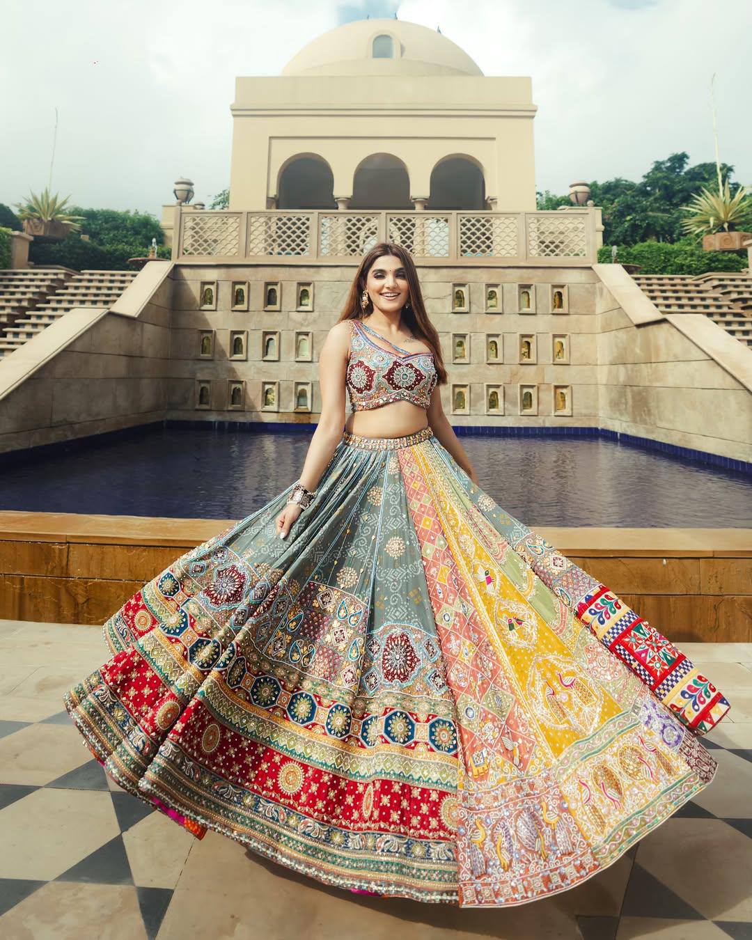 Gray Mirror Work Digital Printed Navratri Lehenga Choli