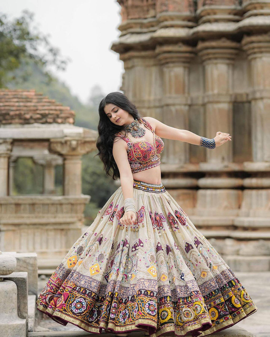 Off White Mirror Work Navratri Lehenga Choli
