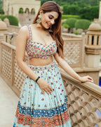 Sky-Blue Color Digital Printed Muslin Cotton Navratri Lehenga Choli