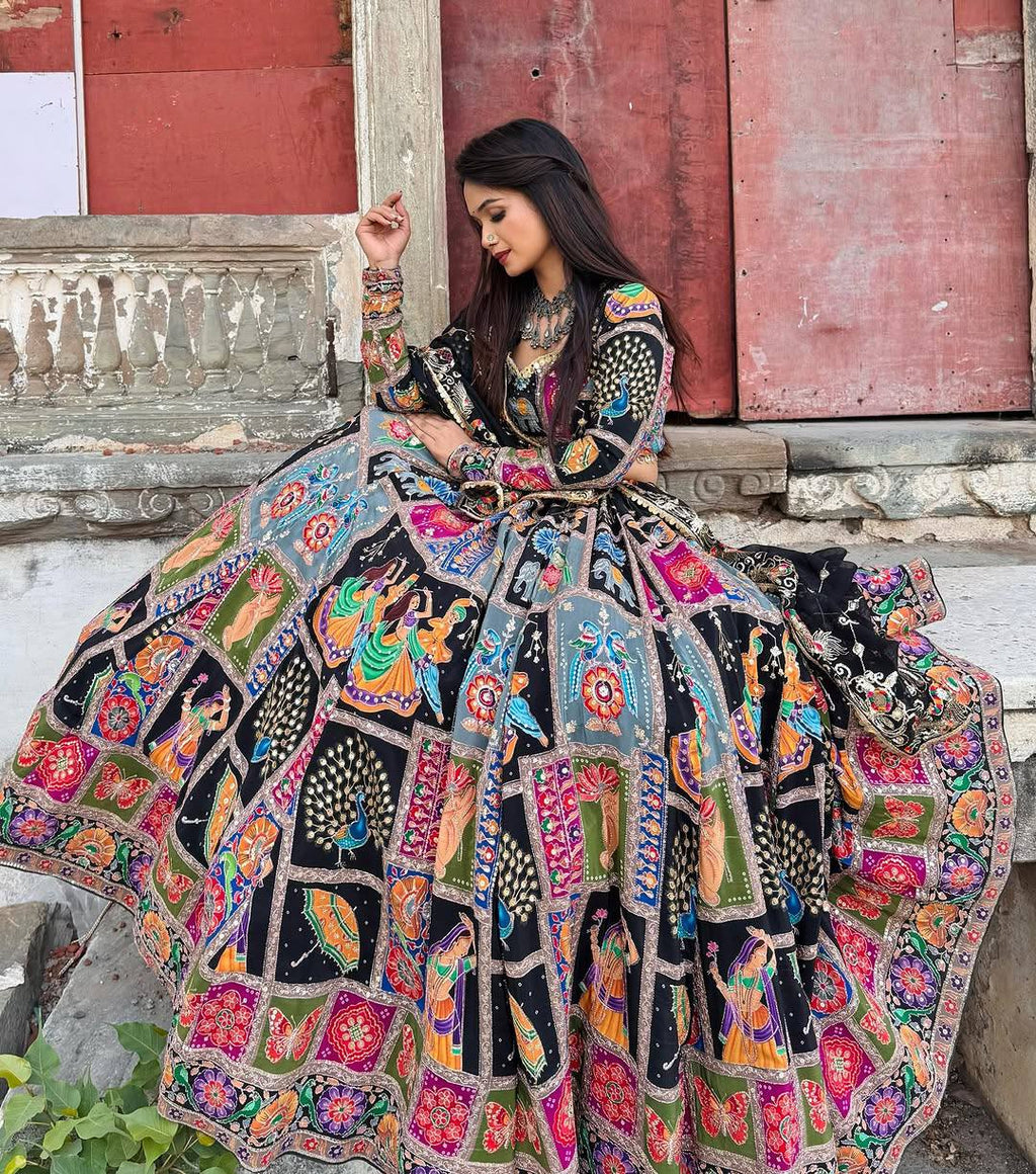 Black Color Digital Printed Mirror Work Navratri Lehenga Choli