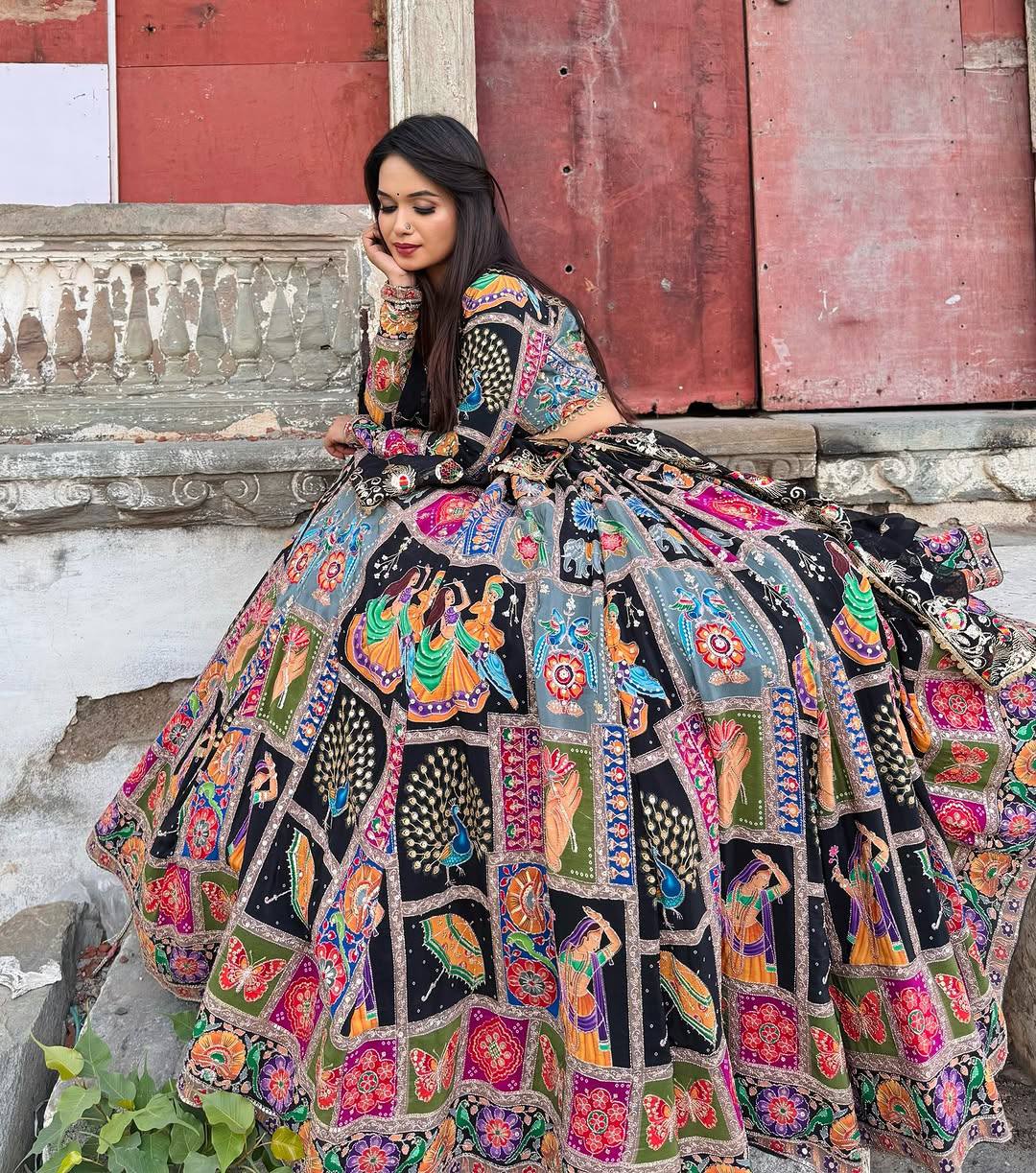 Black Color Digital Printed Mirror Work Navratri Lehenga Choli