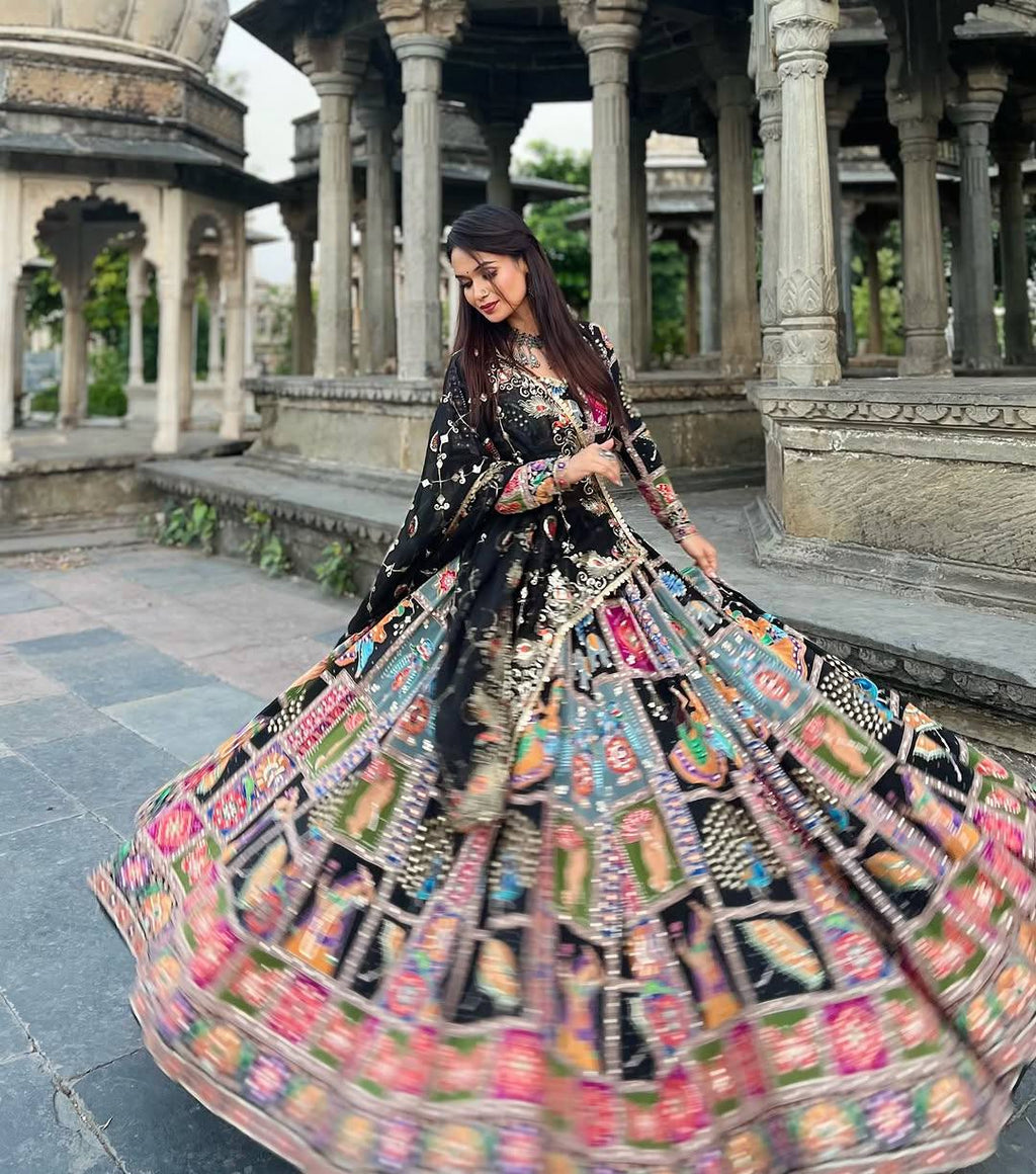 Black Color Digital Printed Mirror Work Navratri Lehenga Choli