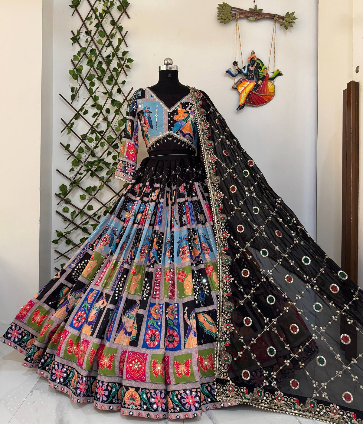 Black Color Digital Printed Mirror Work Navratri Lehenga Choli