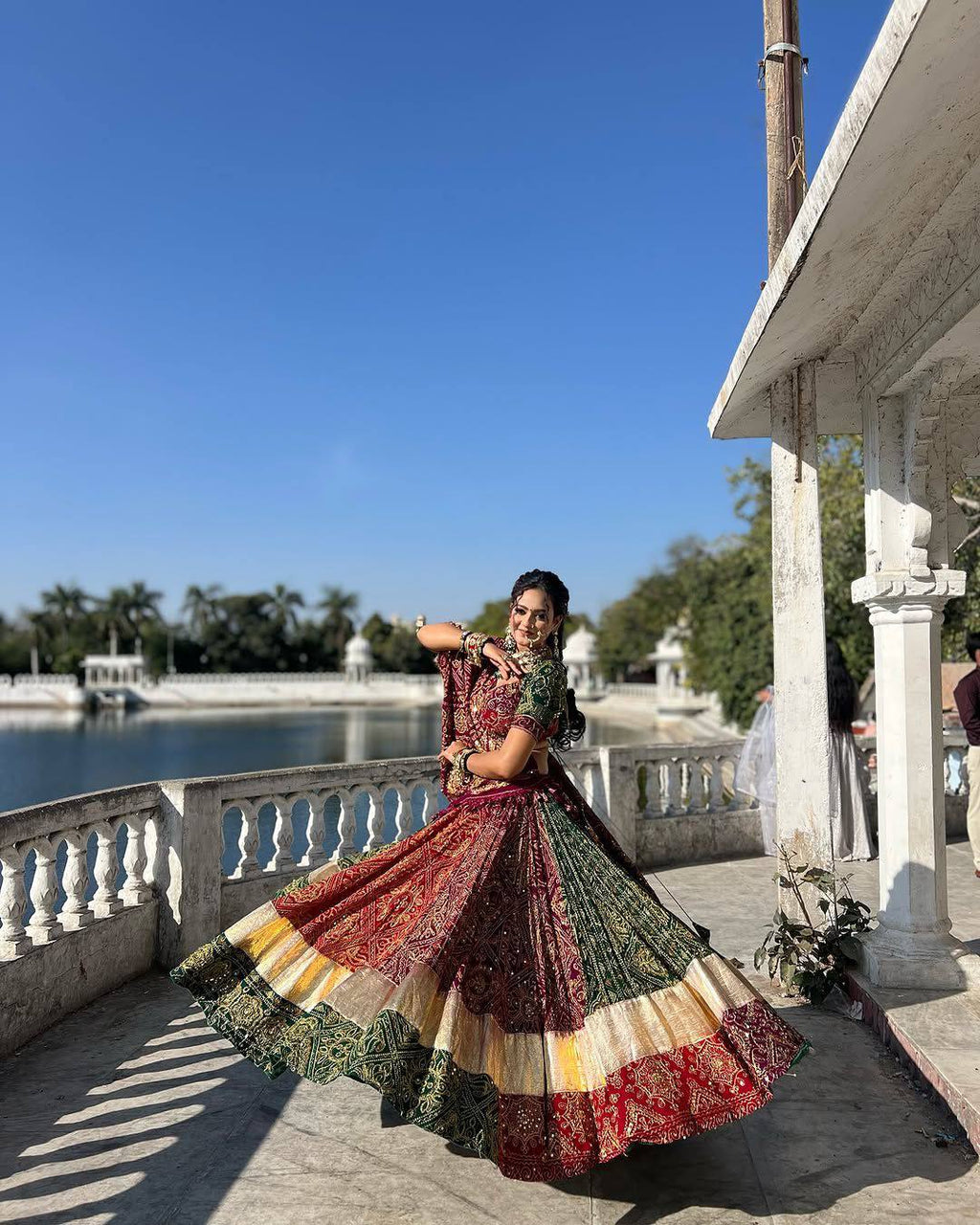 Green-Red Color Trendy Printed Mirror Work Navratri Lehenga Choli