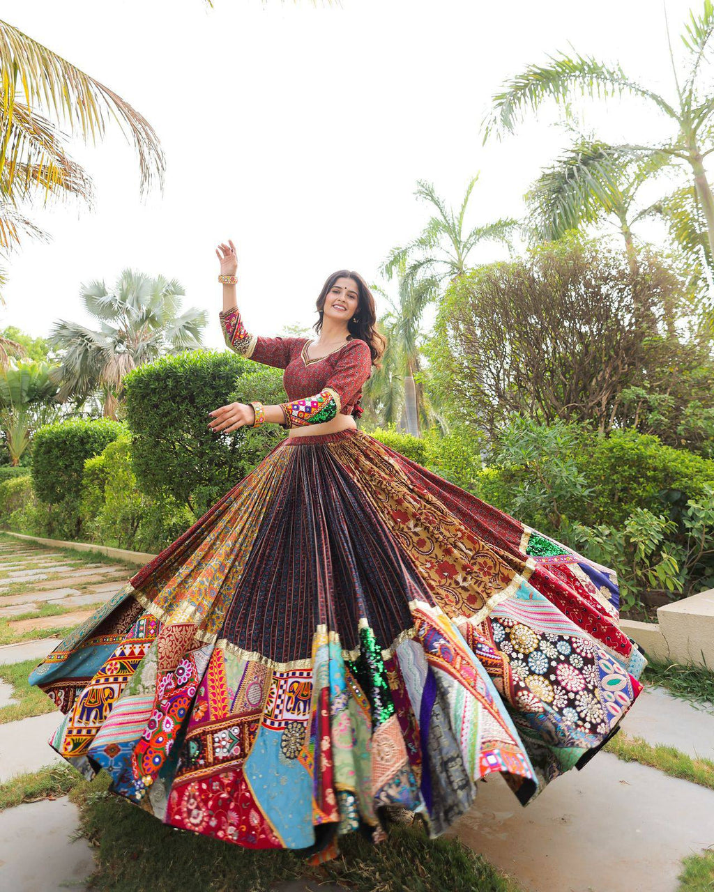 Multi Color Digital Printed Mirror Work Full Flair Navratri Lehenga Choli