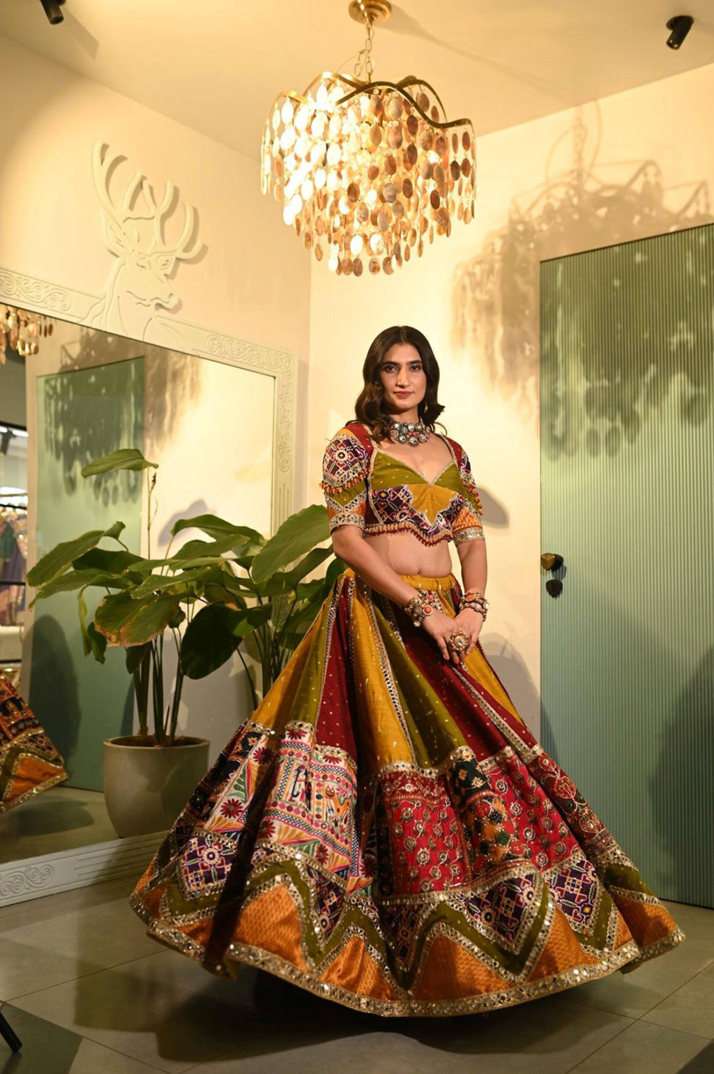 Multi Color Designer Navratri Printed Mirror Work Chaniya Choli