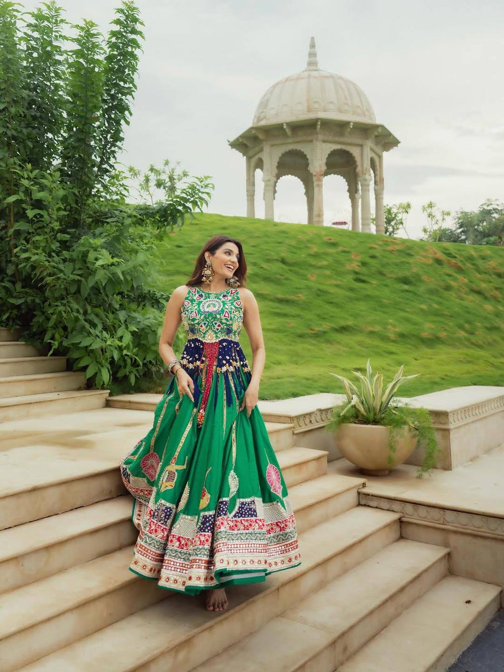 Green Mirror Work Digital Printed Navratri Lehenga Choli