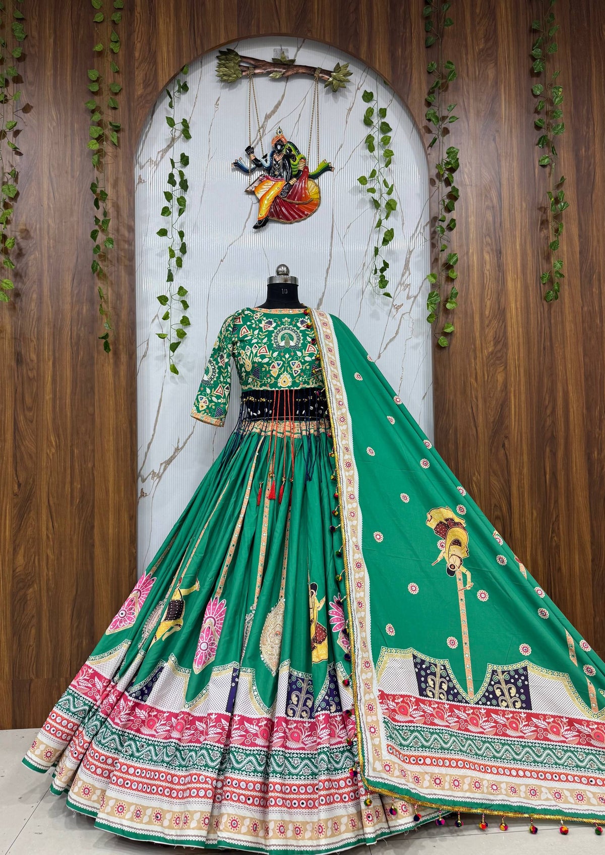 Green Mirror Work Digital Printed Navratri Lehenga Choli