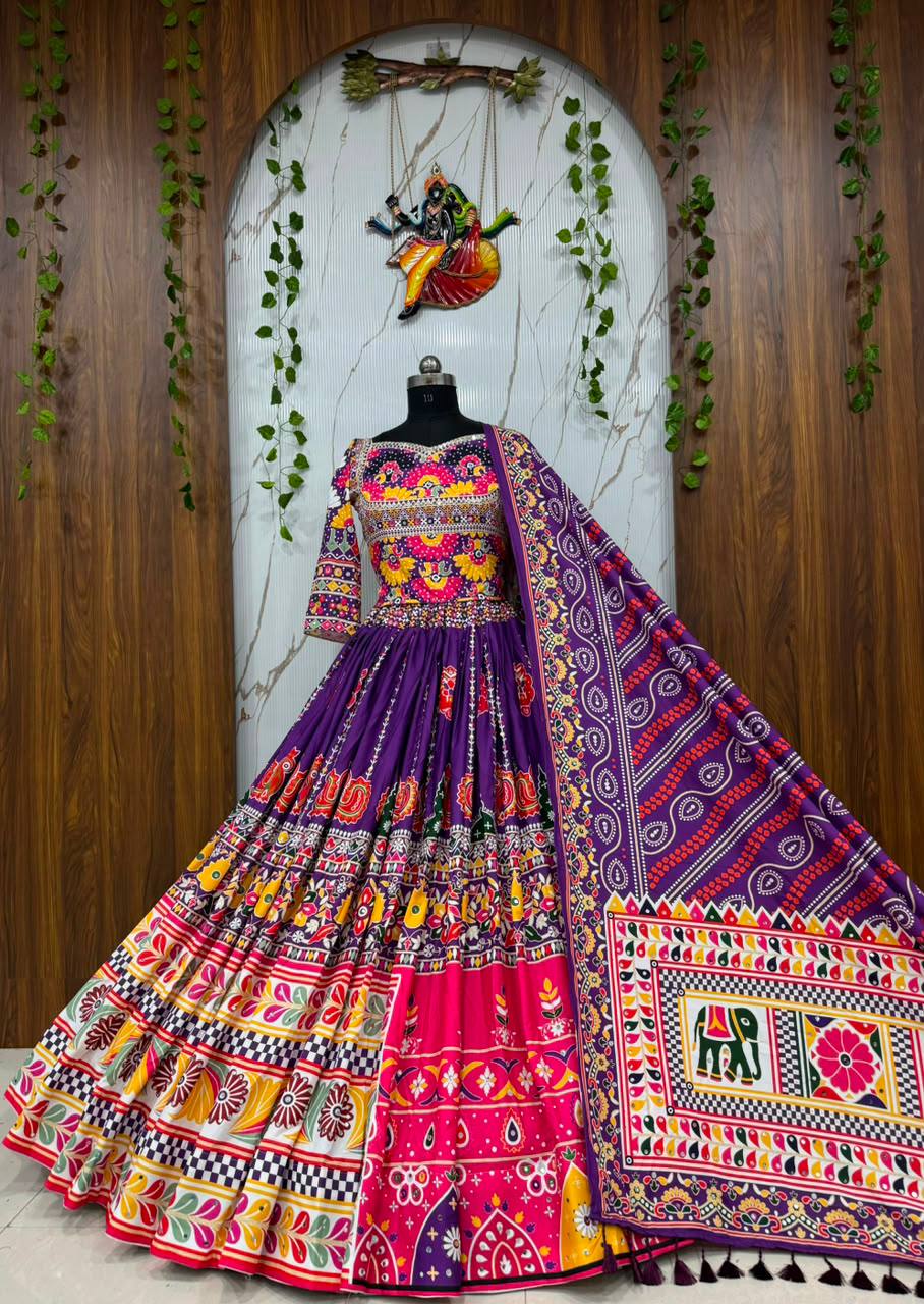 Purple-Pink Mirror Work Muslin Navratri Lehenga Choli