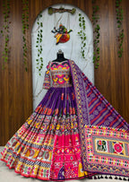 Purple-Pink Mirror Work Muslin Navratri Lehenga Choli