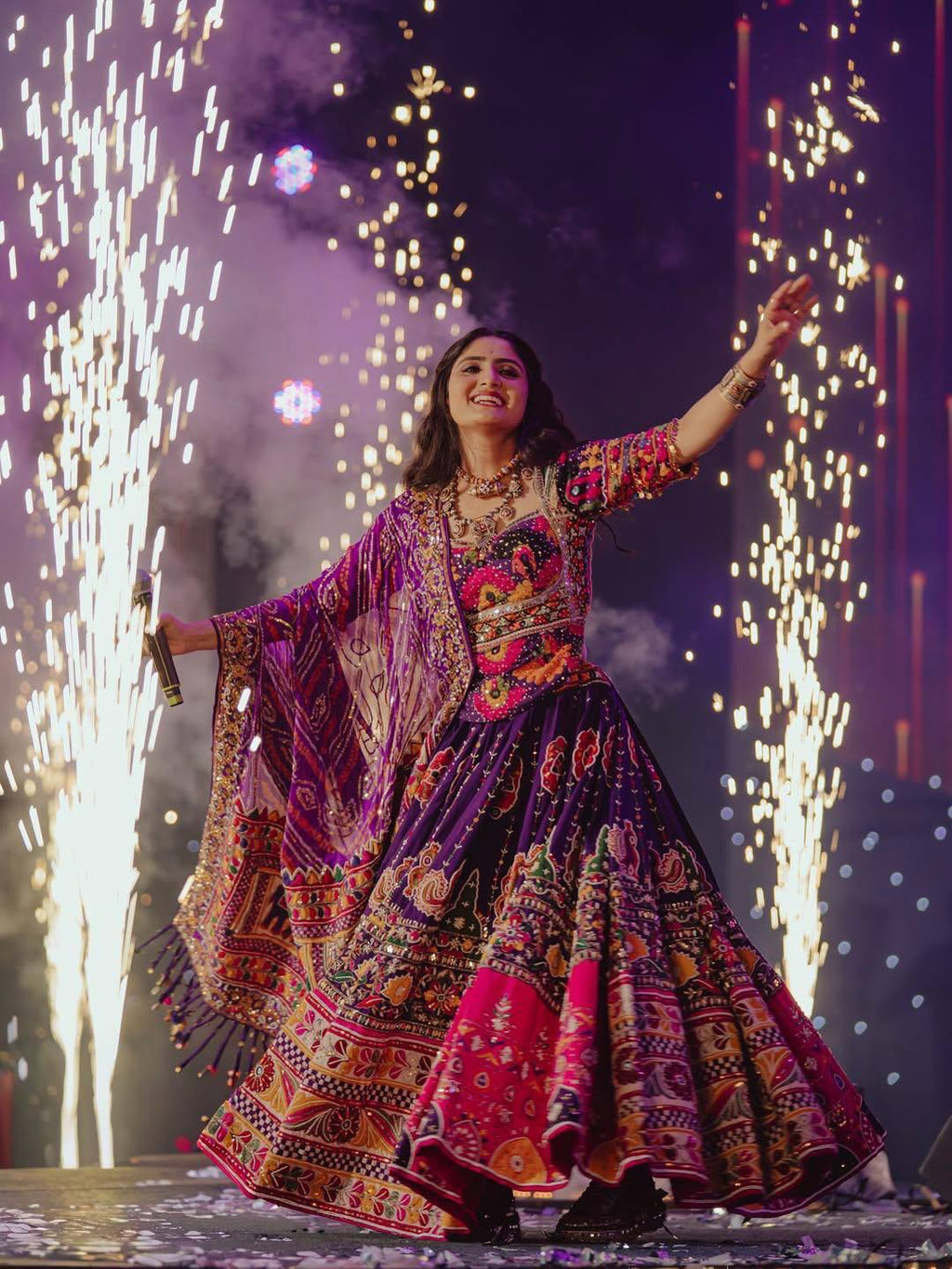 Purple-Pink Mirror Work Muslin Navratri Lehenga Choli