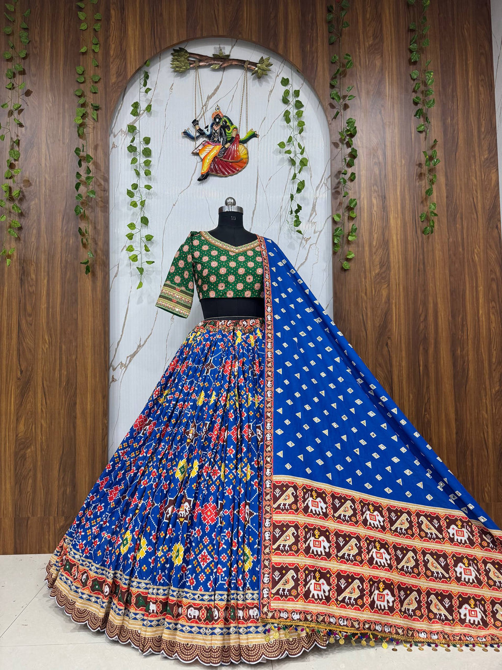 Blue Patola Printed Mirror Work Navratri Lehenga Choli