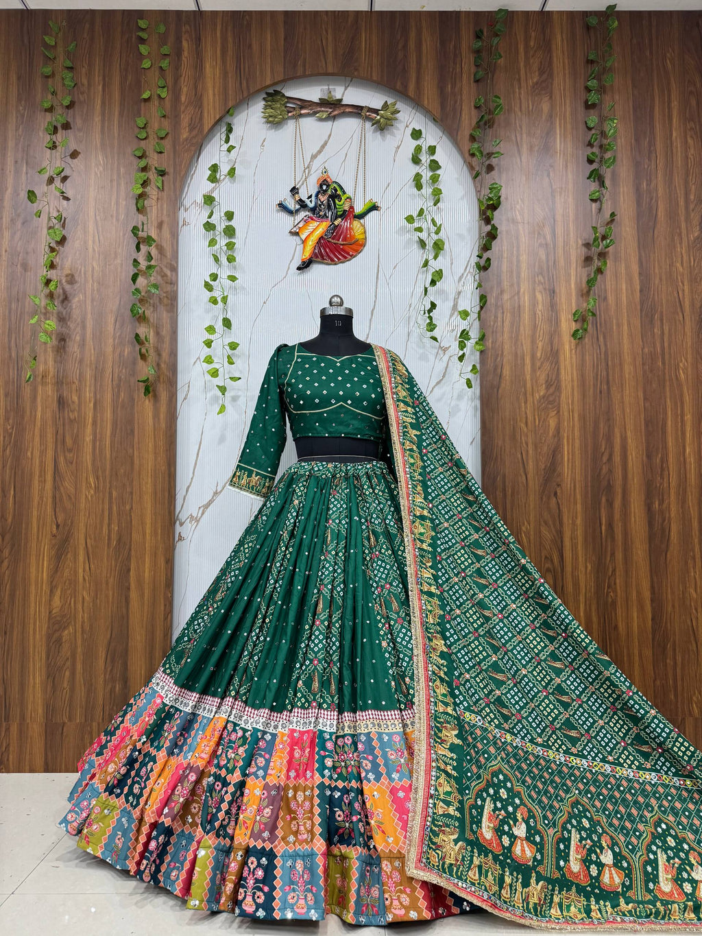 Dark Green Mirror Work Printed Navratri Lehenga Choli