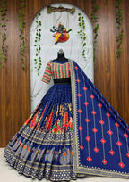 Blue Mirror Work Digital Printed Navratri Lehenga Choli