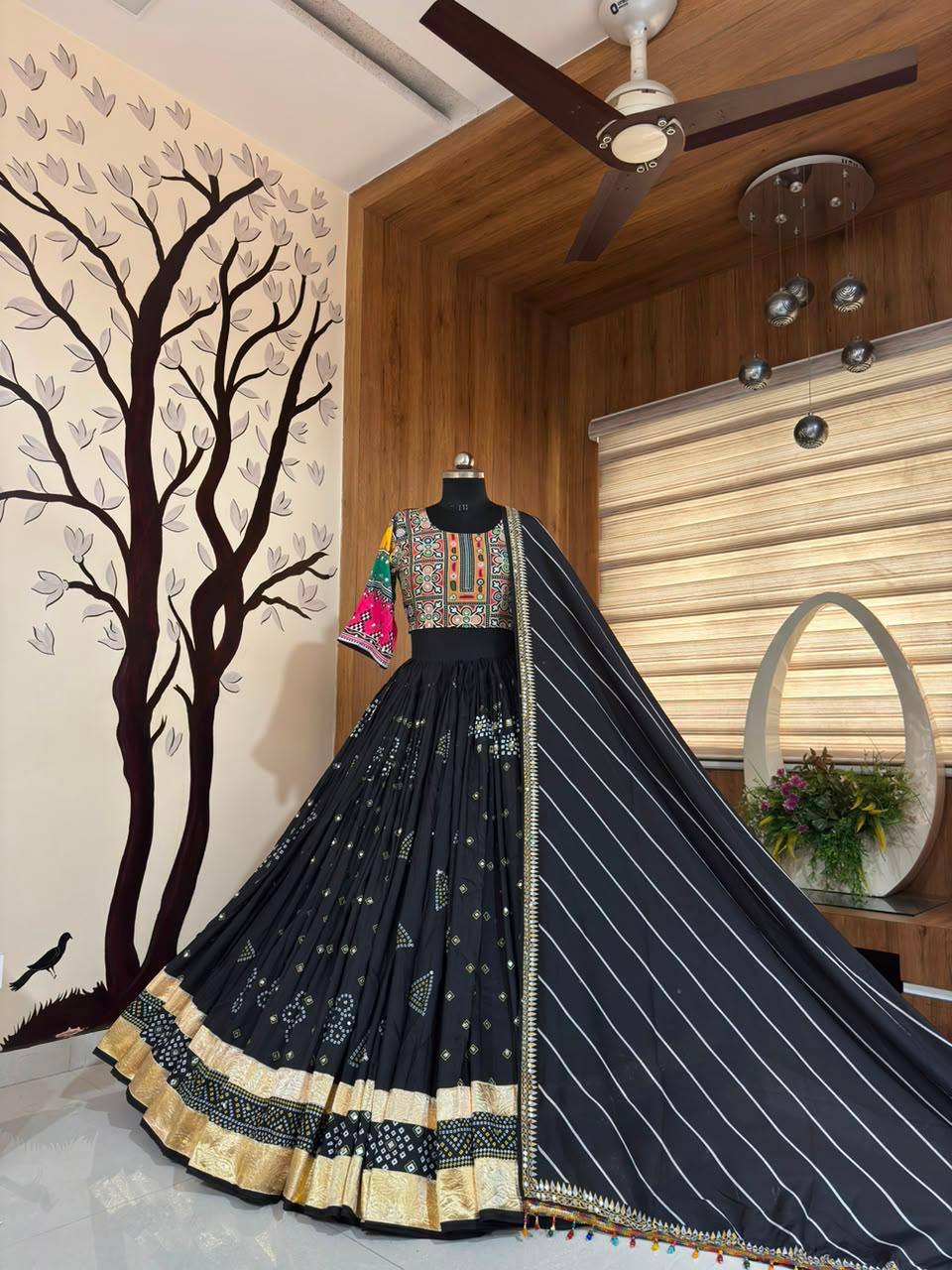 Black Mirror Work Muslin Navratri Lehenga Choli