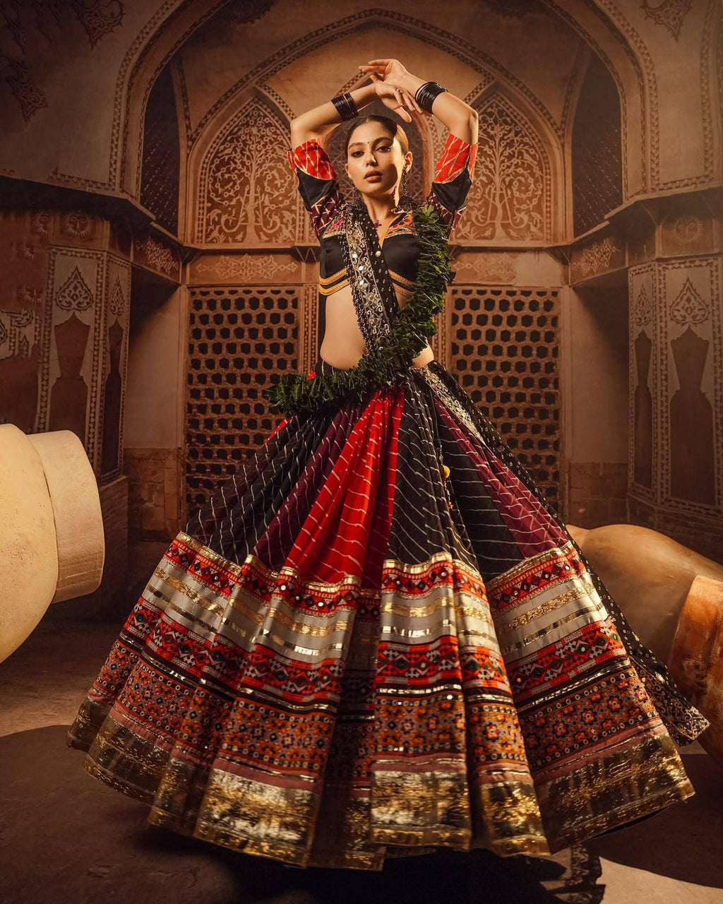 Black-Red Mirror Work Muslin Navratri Lehenga Choli