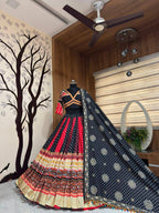 Black-Red Mirror Work Muslin Navratri Lehenga Choli