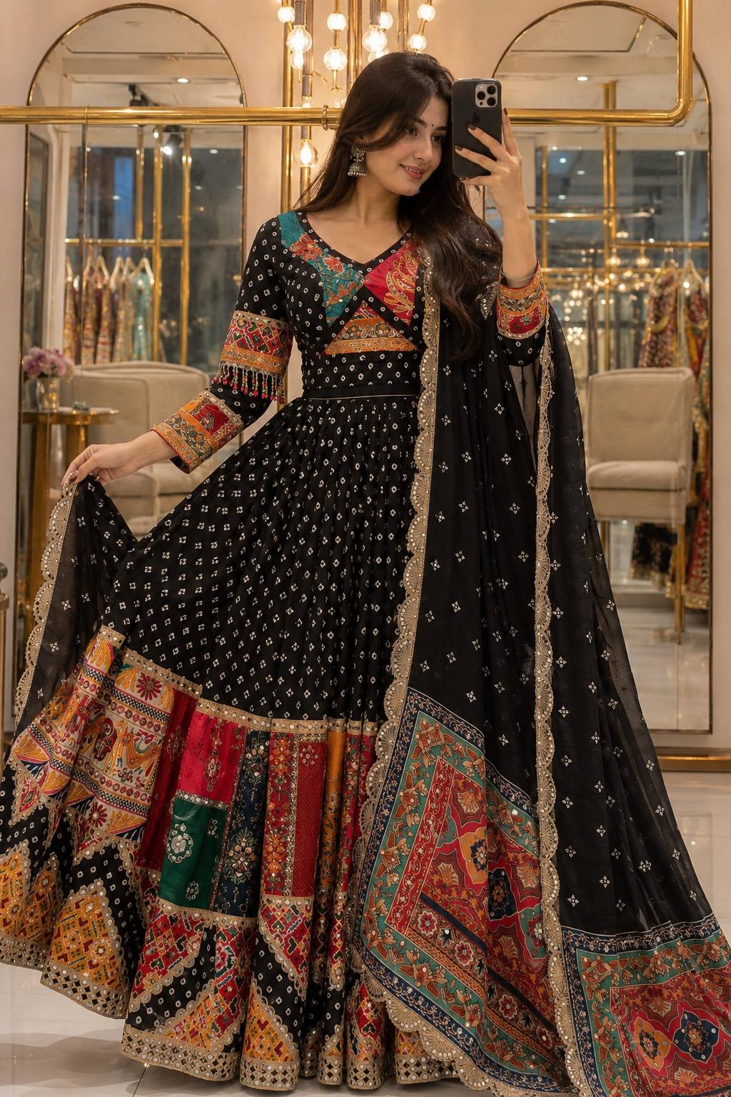 Black Mirror Work Muslin Navratri Lehenga Choli