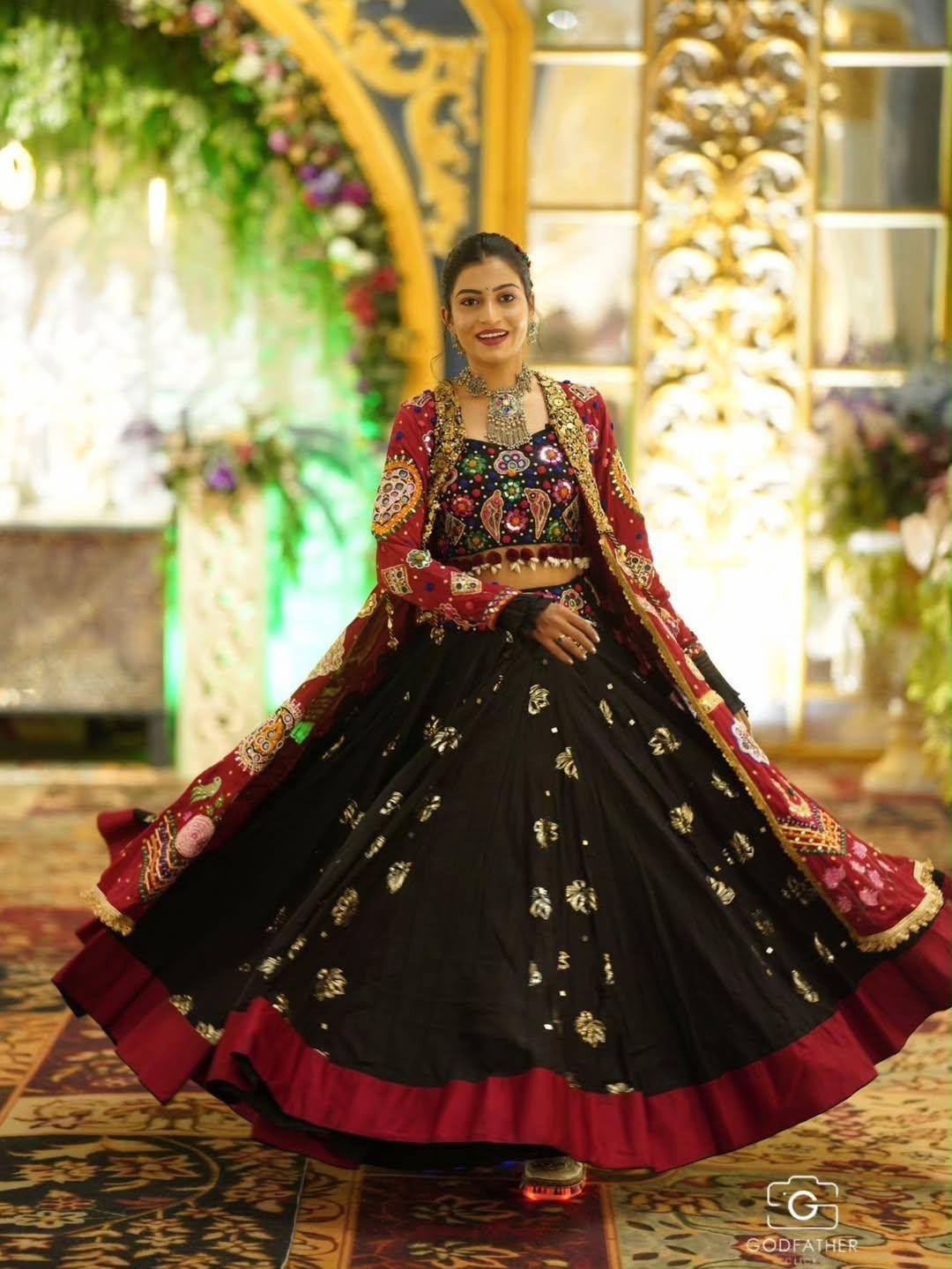 Black-Red Digital Printed Mirror Work Navratri Lehenga