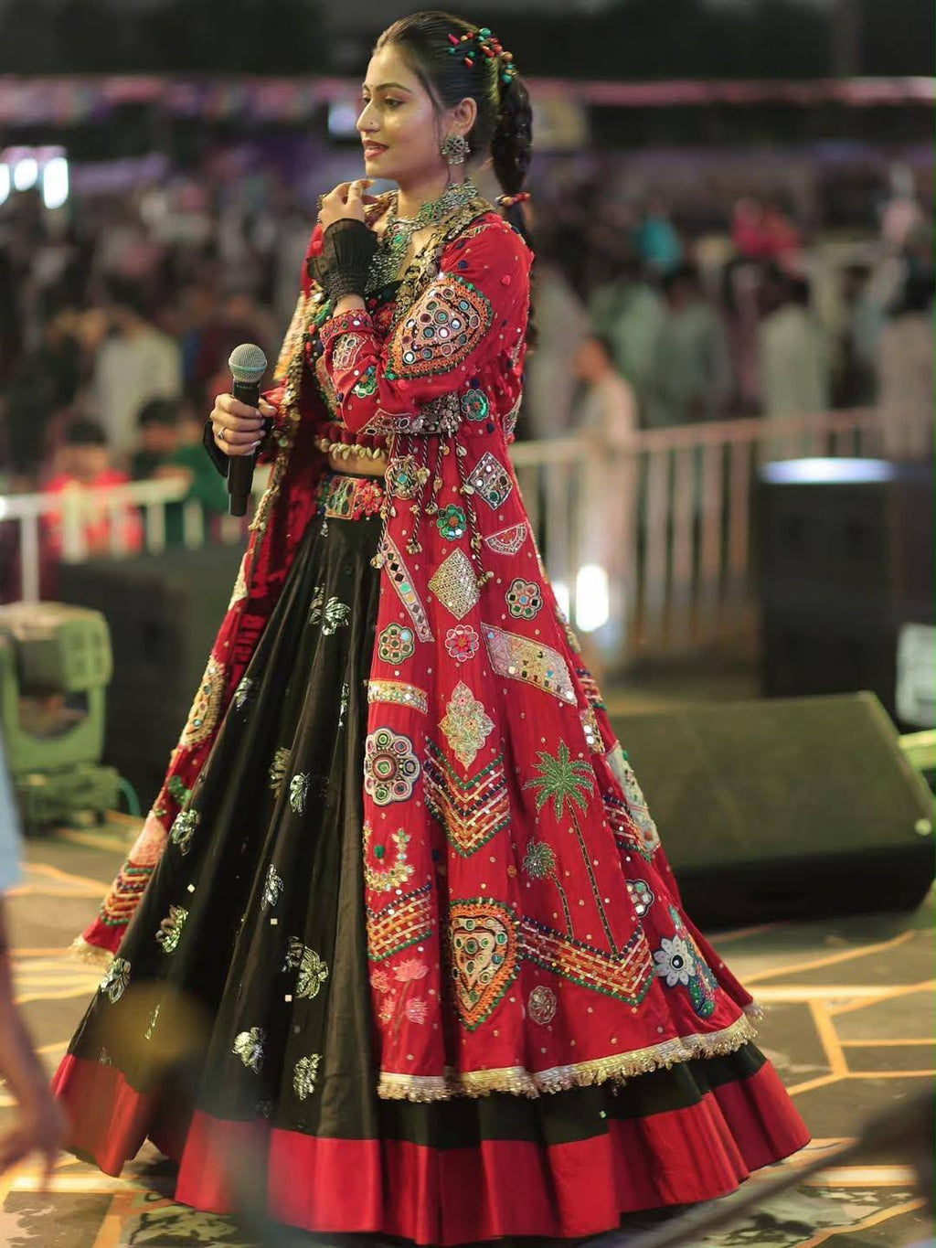 Black-Red Digital Printed Mirror Work Navratri Lehenga