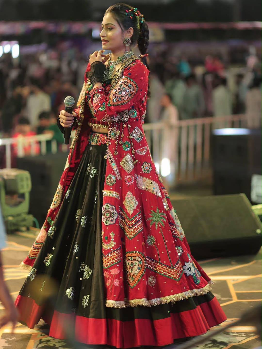 Black-Red Digital Printed Mirror Work Navratri Lehenga