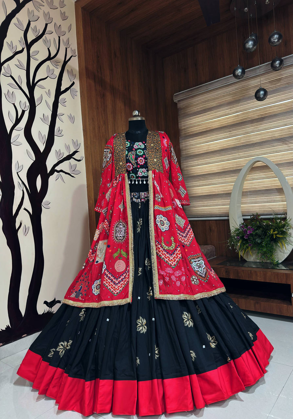 Black-Red Digital Printed Mirror Work Navratri Lehenga