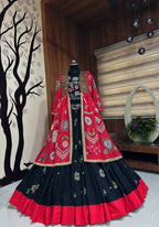 Black-Red Digital Printed Mirror Work Navratri Lehenga