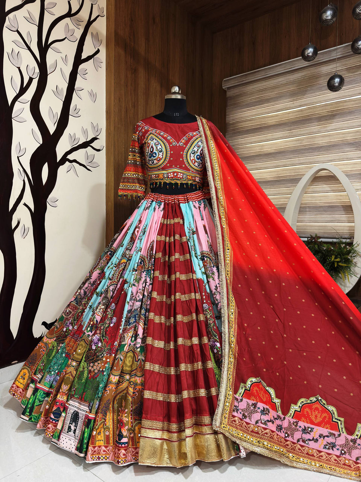 Multi Digital Printed Mirror Work Navratri Lehenga Choli