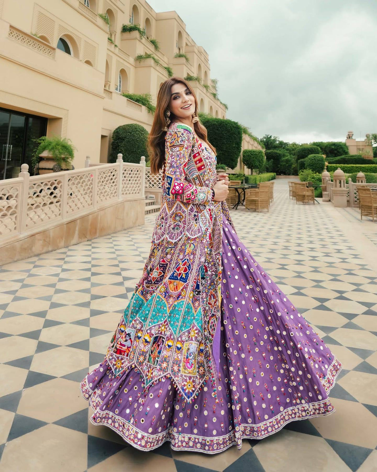 Purple Mirror Work Digital Printed Navratri Lehenga Choli
