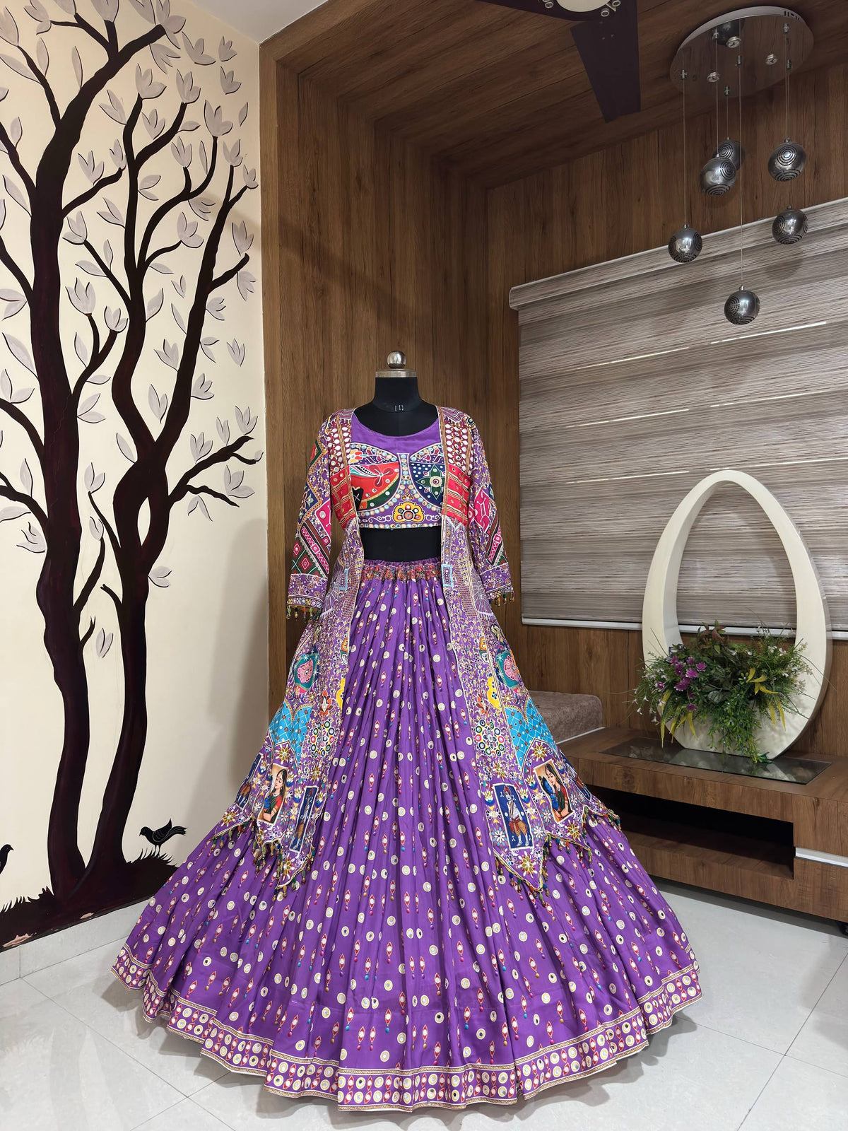 Purple Mirror Work Digital Printed Navratri Lehenga Choli