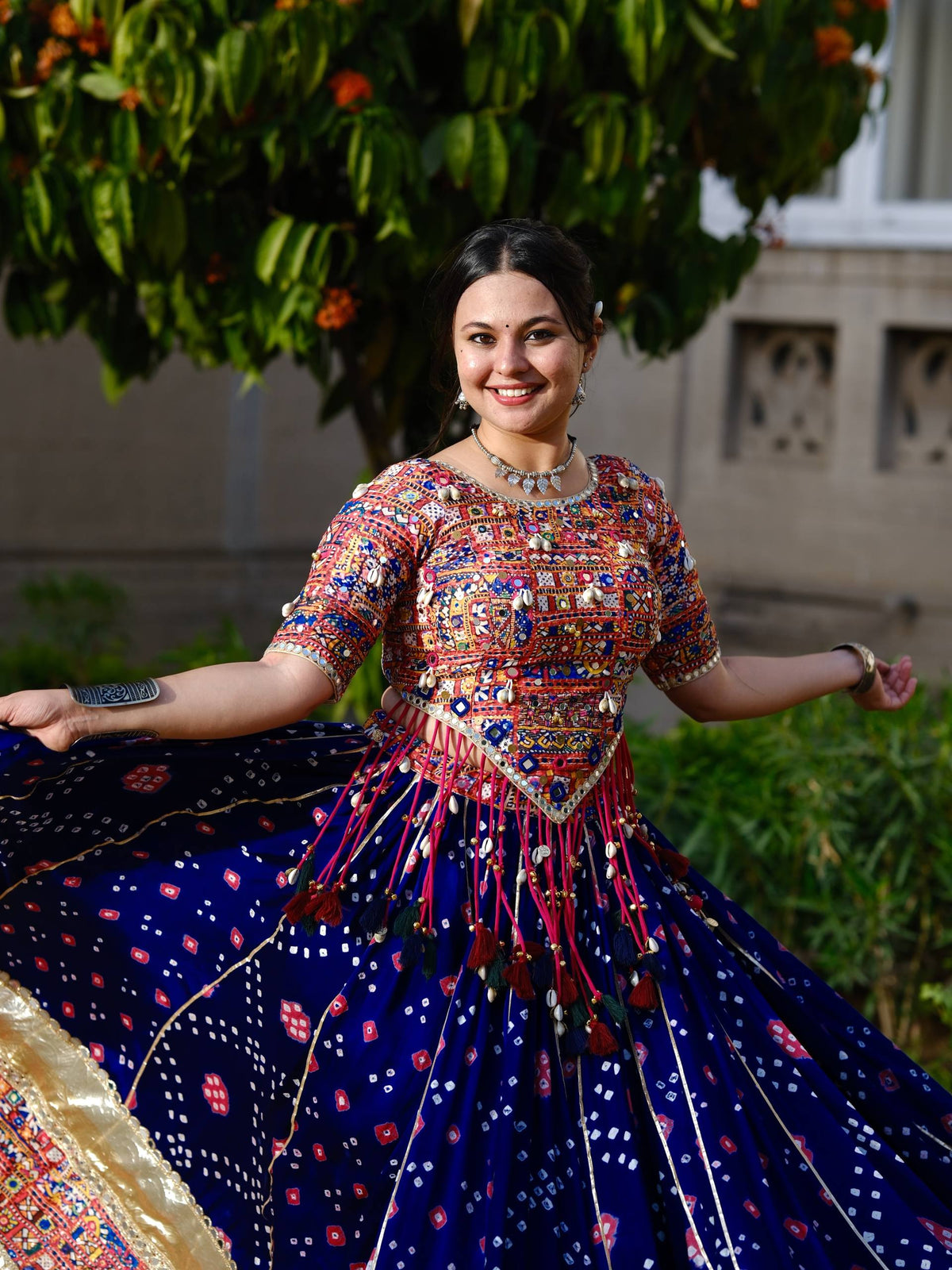 Blue Digital Printed Mirror Work Navratri Lehenga Choli