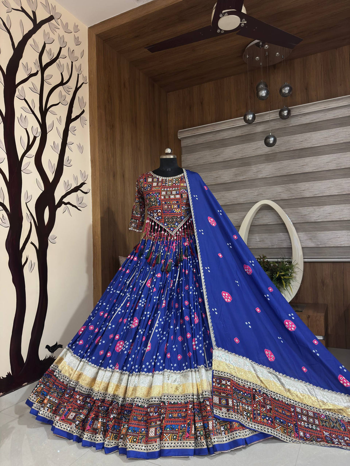 Blue Digital Printed Mirror Work Navratri Lehenga Choli