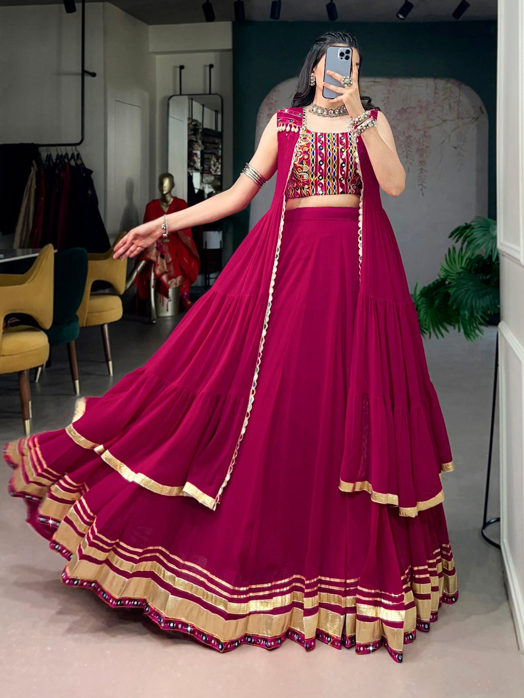 Roshni Gamthi Mirror Long Koti Lehenga Choli
