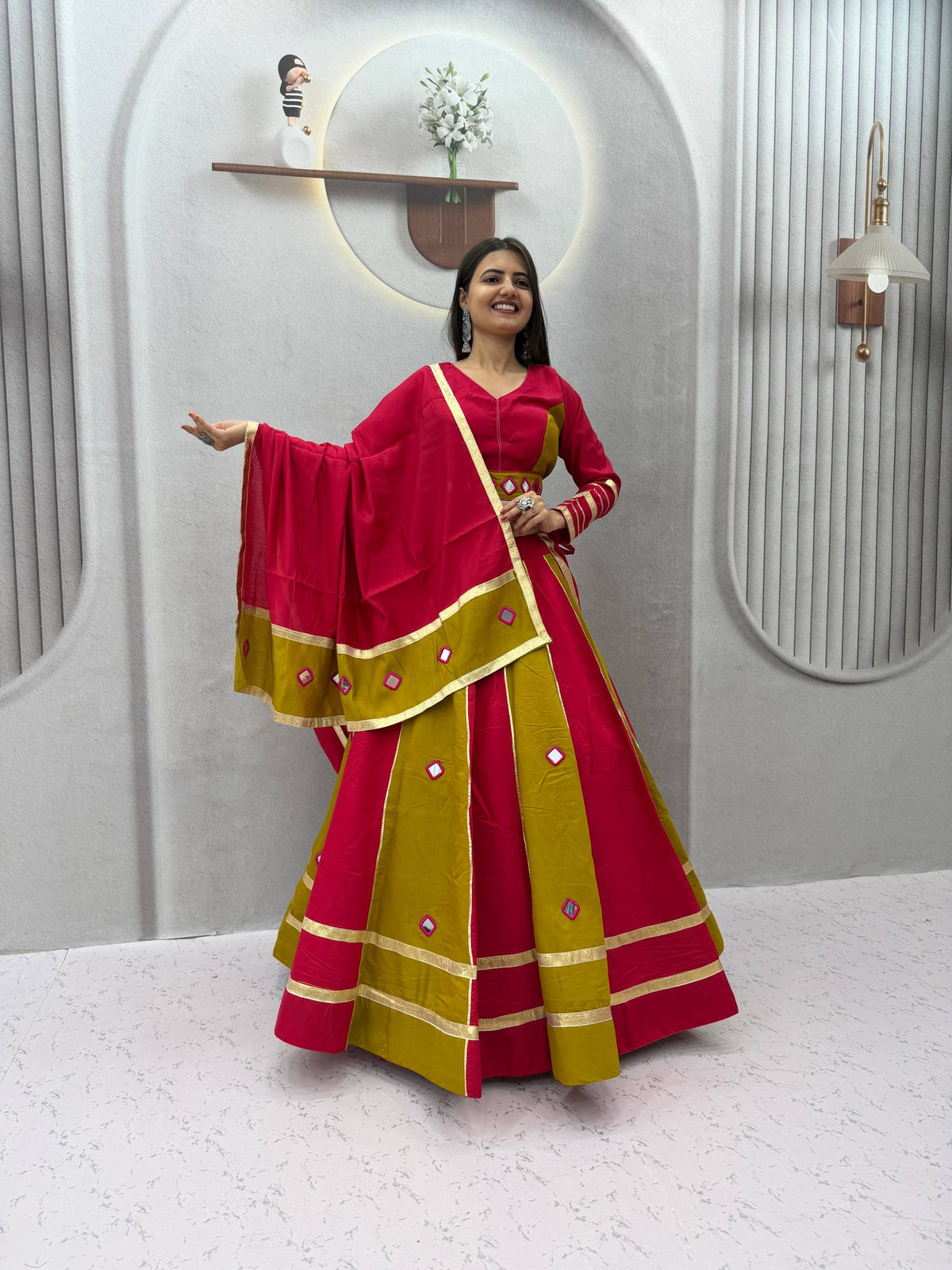 Aashika Roman Silk Mirror Work Lehenga Choli