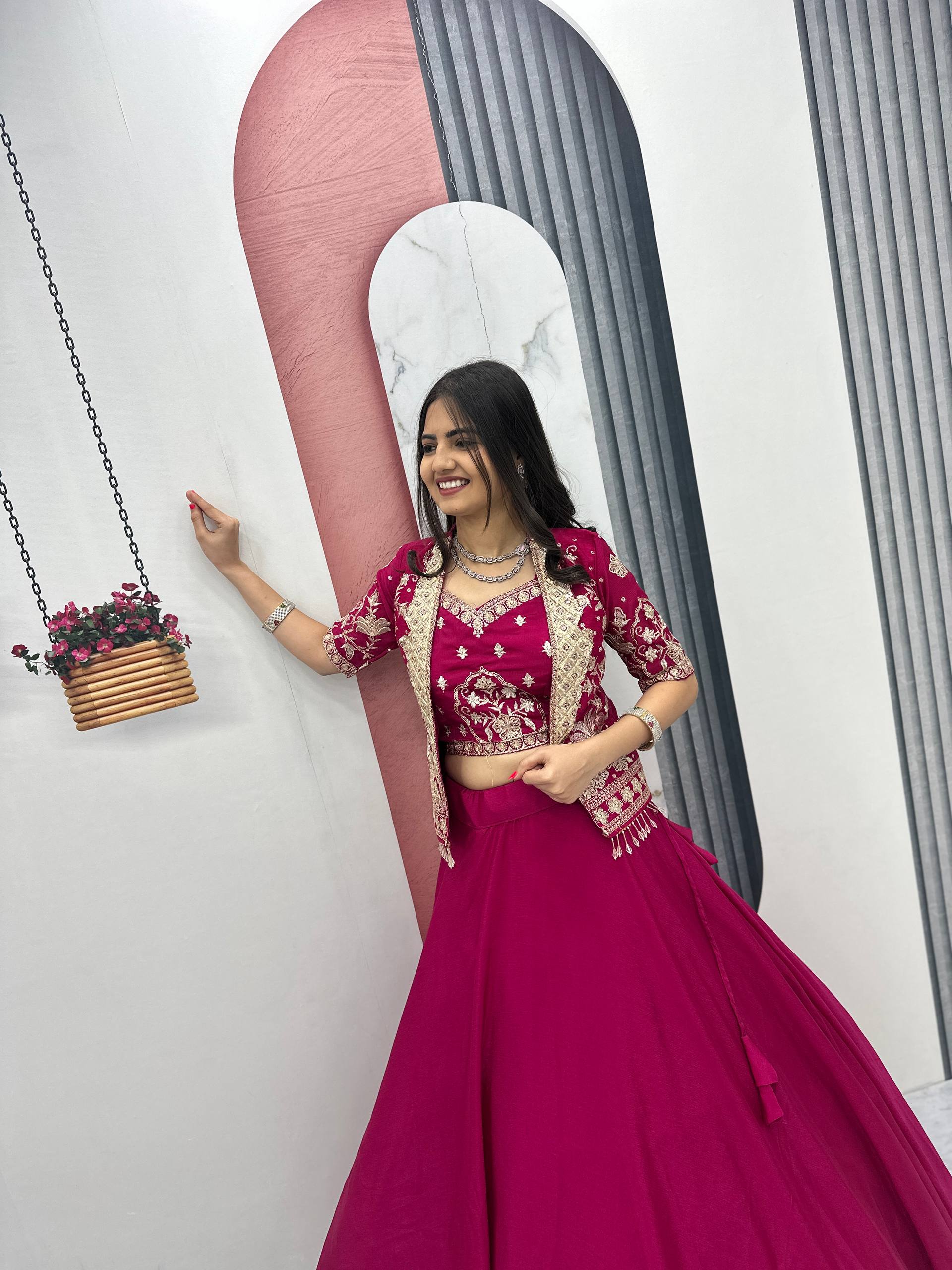 Anushka Chinon Crop Top Jacket Lehenga Choli