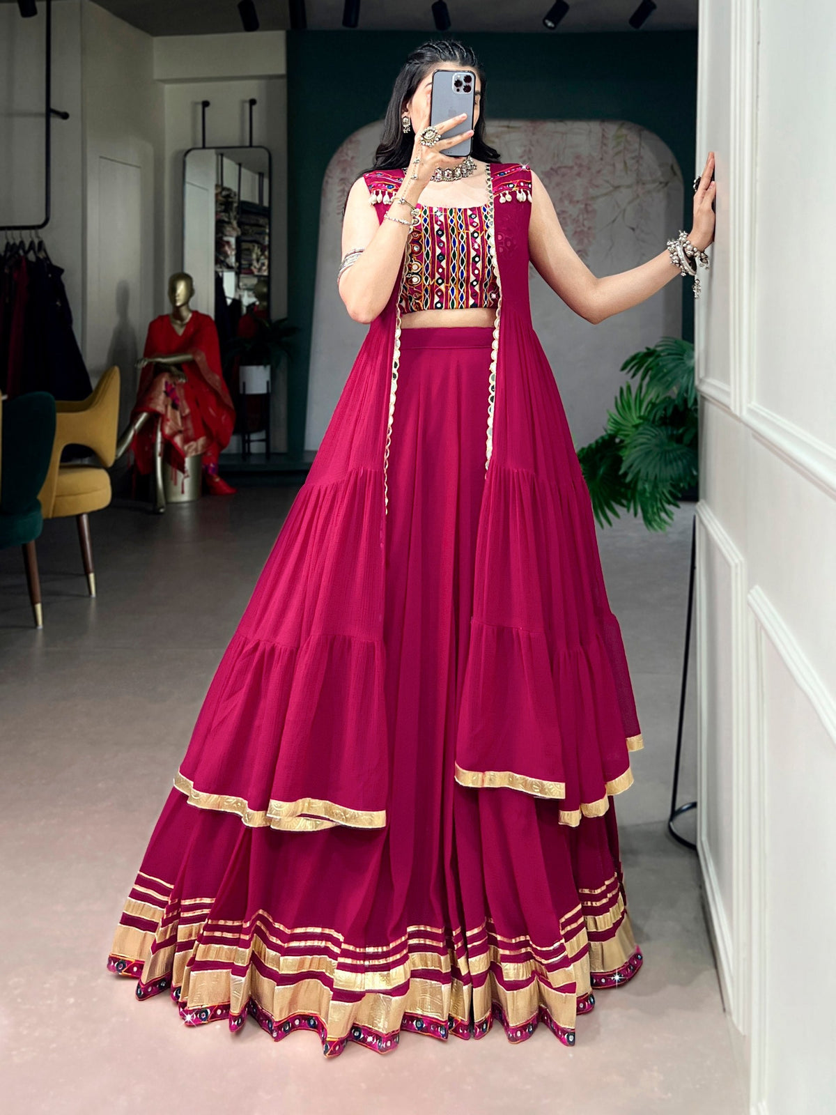 Roshni Gamthi Mirror Long Koti Lehenga Choli
