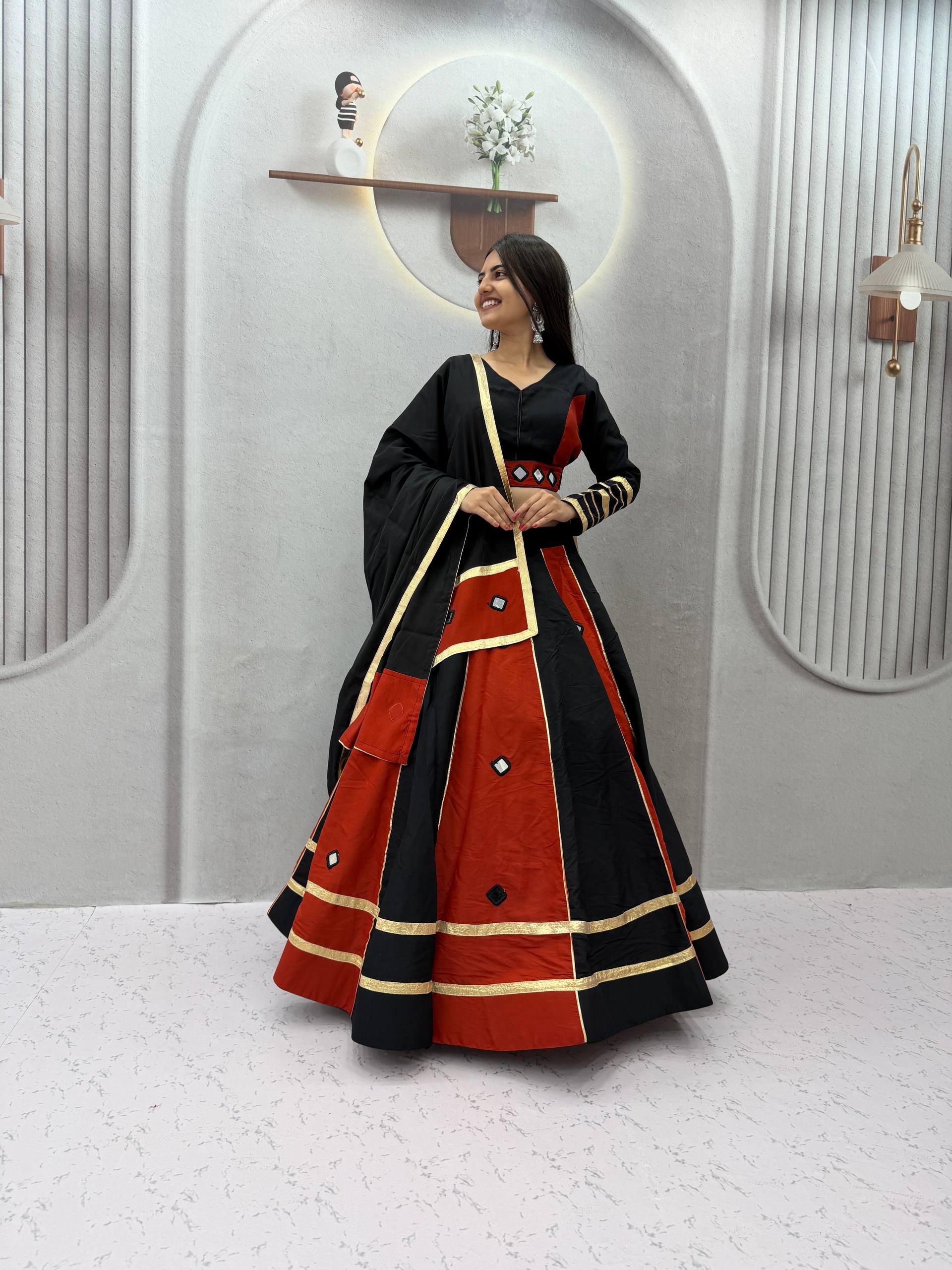 Aashika Roman Silk Mirror Work Lehenga Choli
