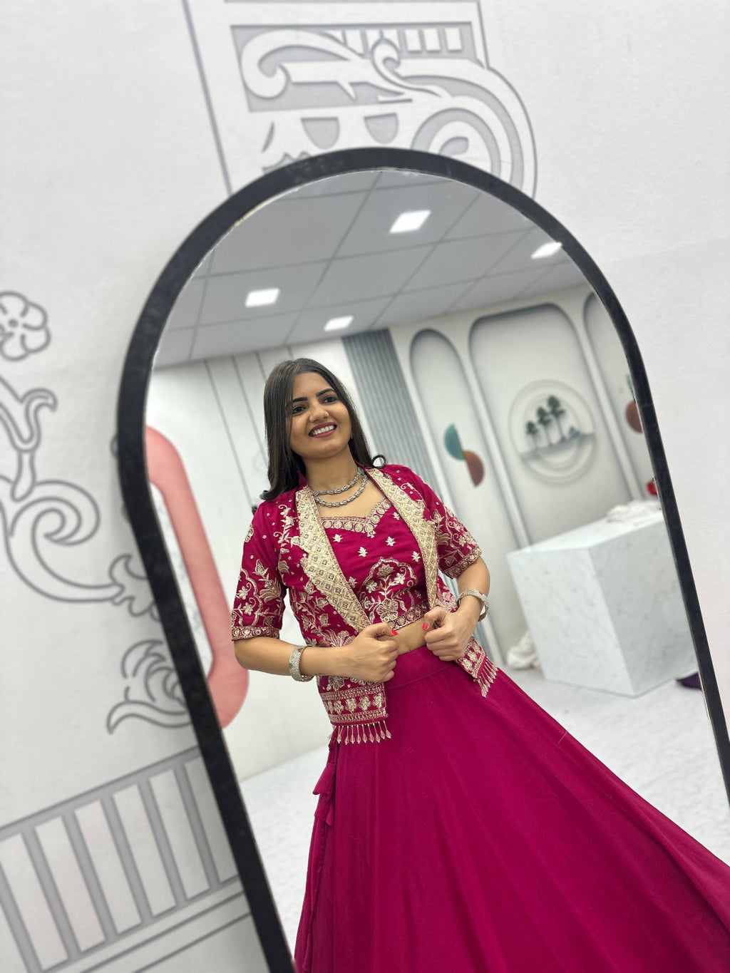 Anushka Chinon Crop Top Jacket Lehenga Choli