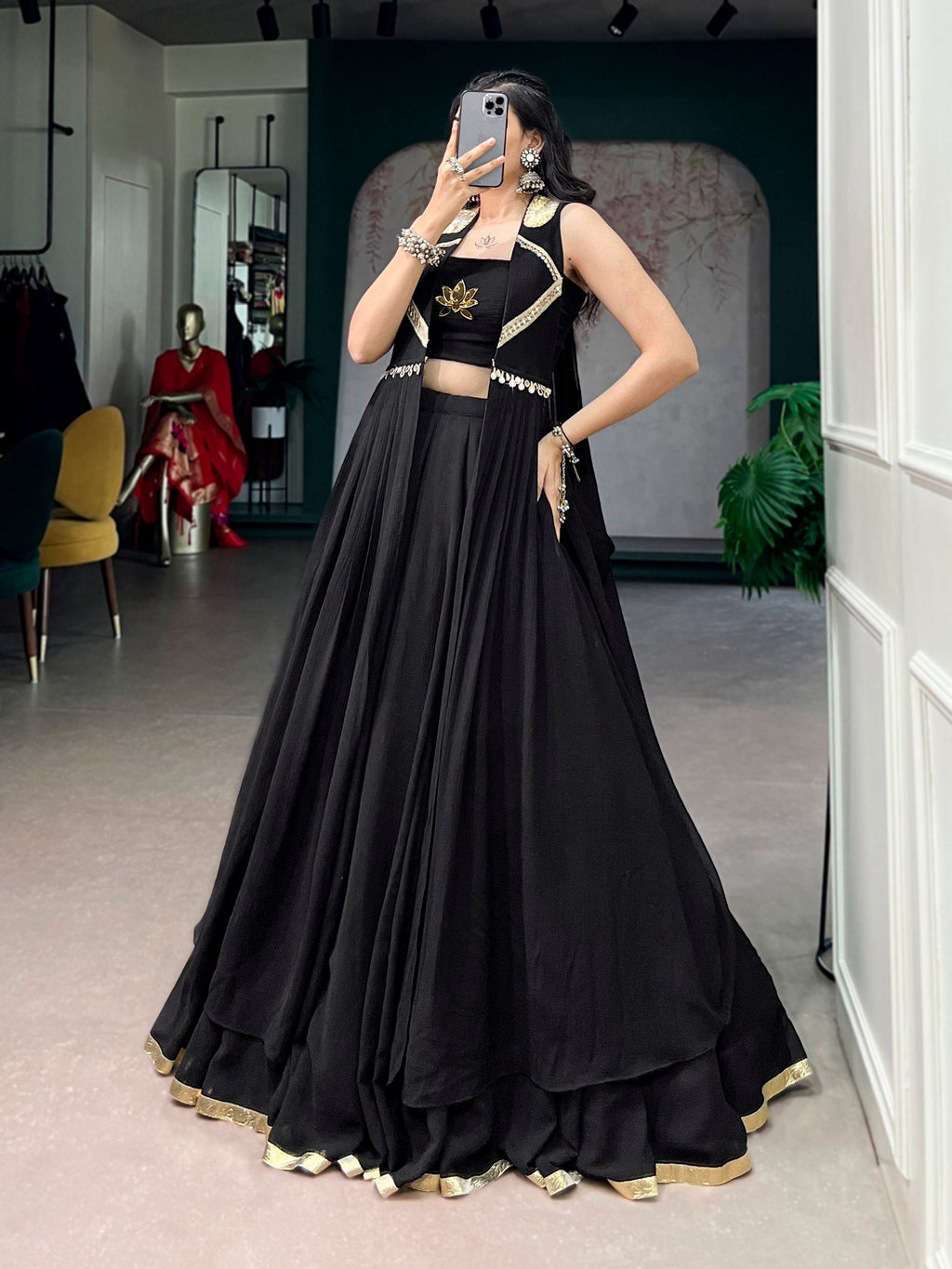 Eshani Lotus Handwork Long Jacket Lehenga Choli