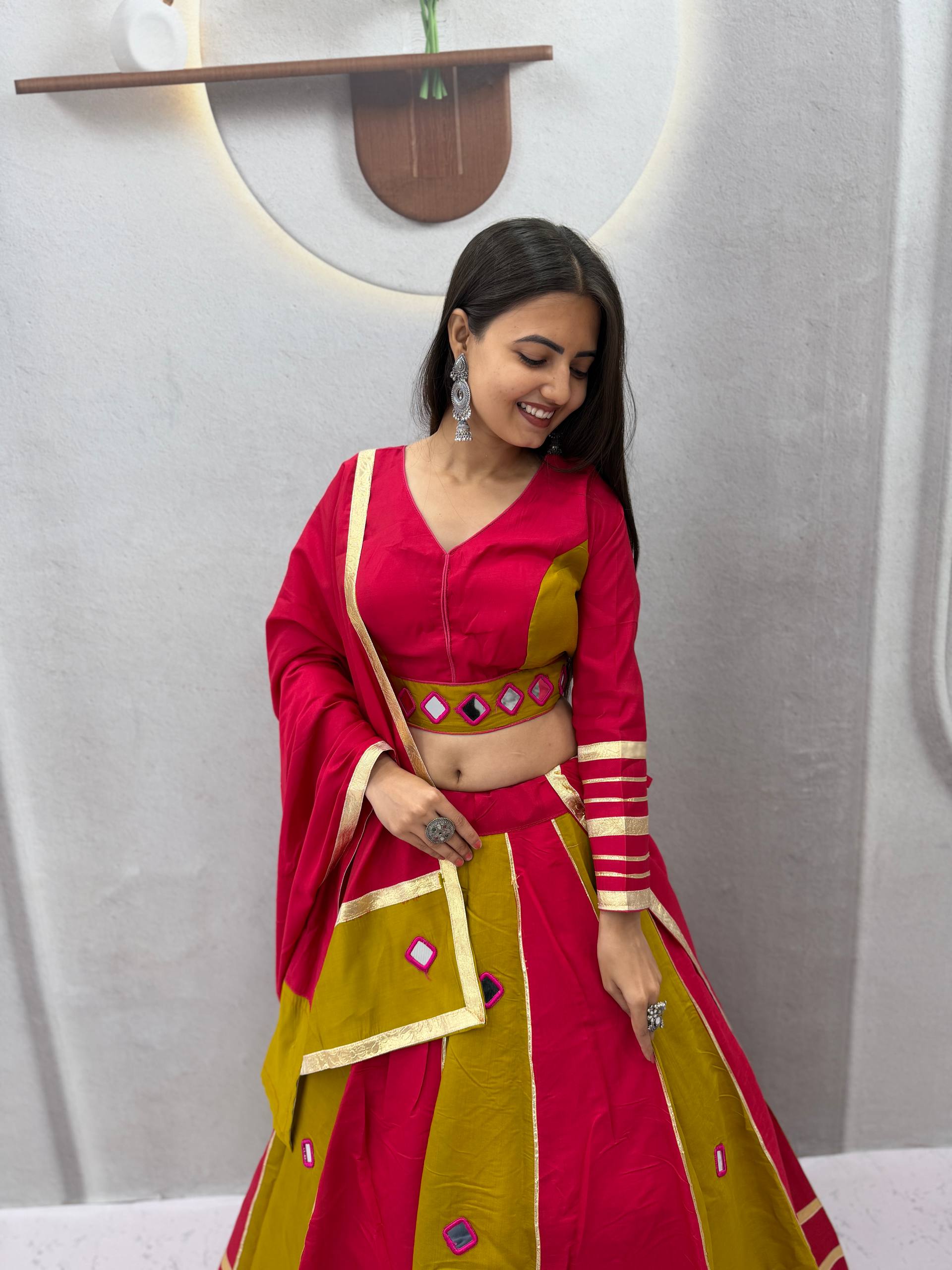 Aashika Roman Silk Mirror Work Lehenga Choli