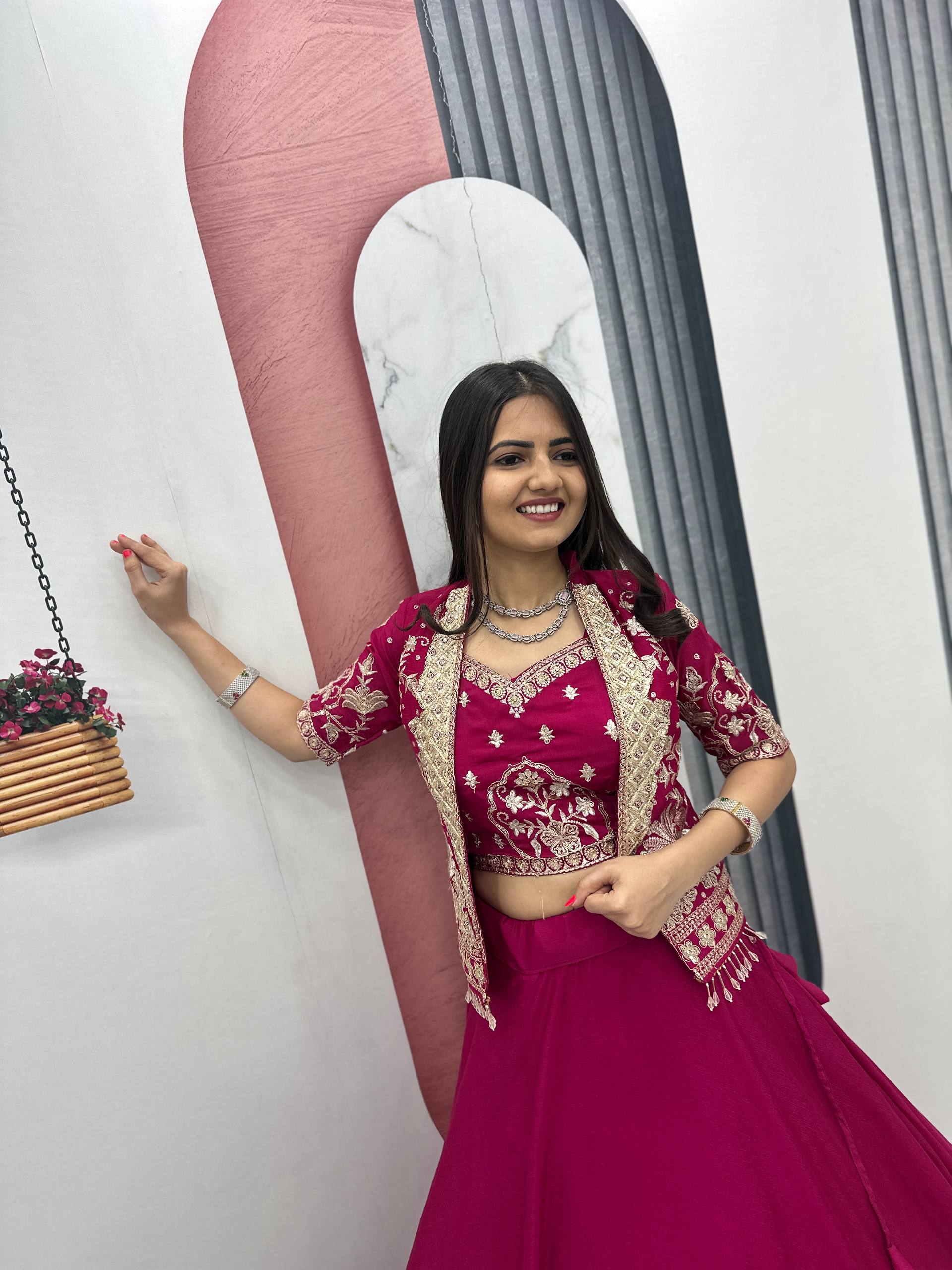 Anushka Chinon Crop Top Jacket Lehenga Choli