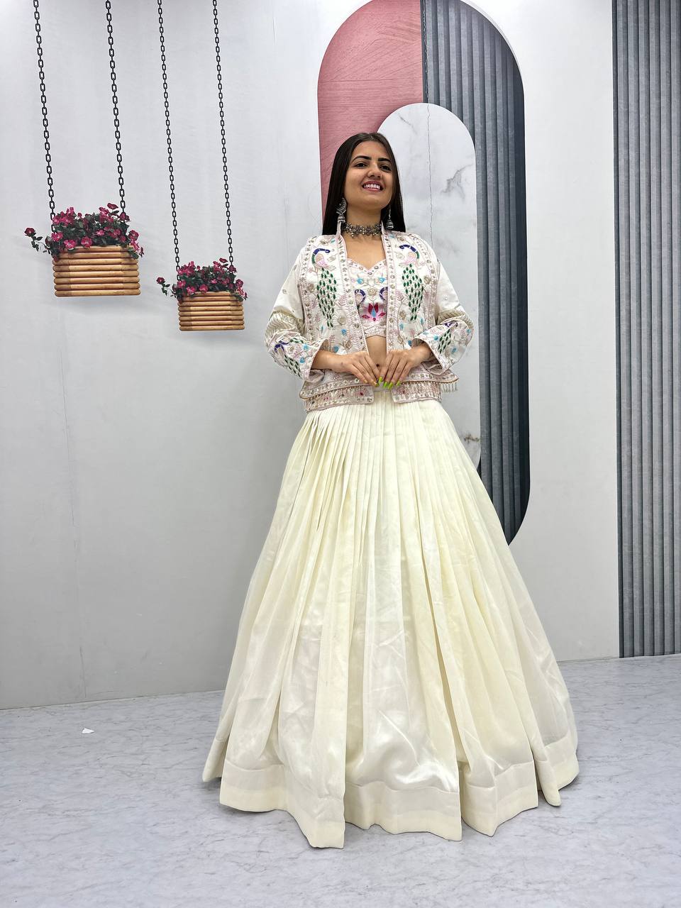 Aavya Vichitra Silk Heavy Thread Jacket Lehenga Choli