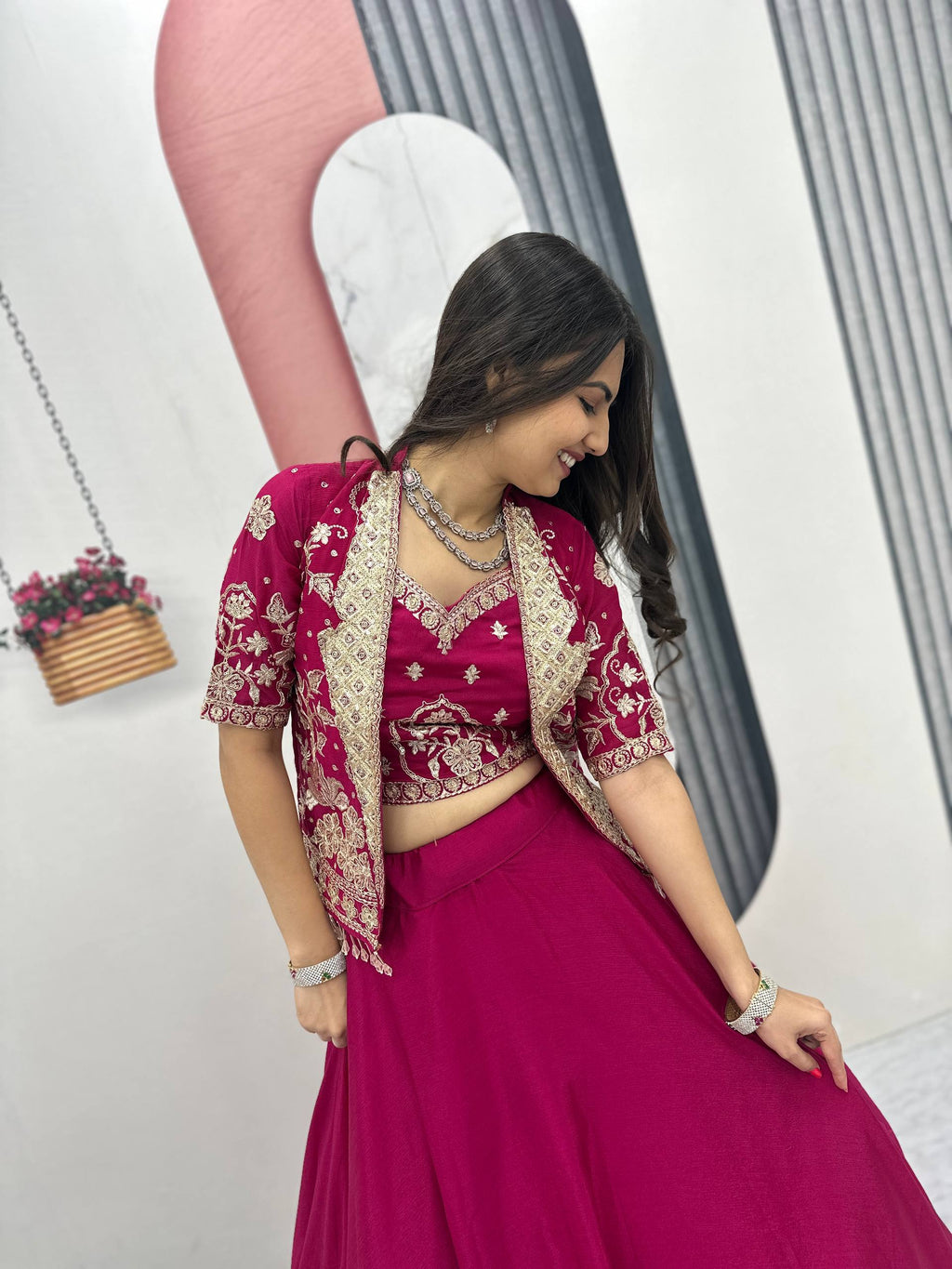 Anushka Chinon Crop Top Jacket Lehenga Choli