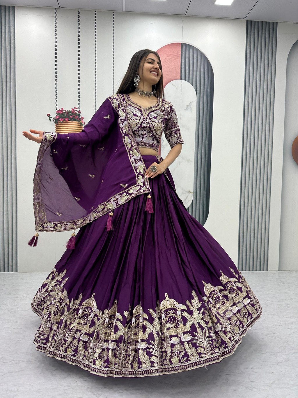Mishika Chinon Heavy Embroidery Lehenga Choli
