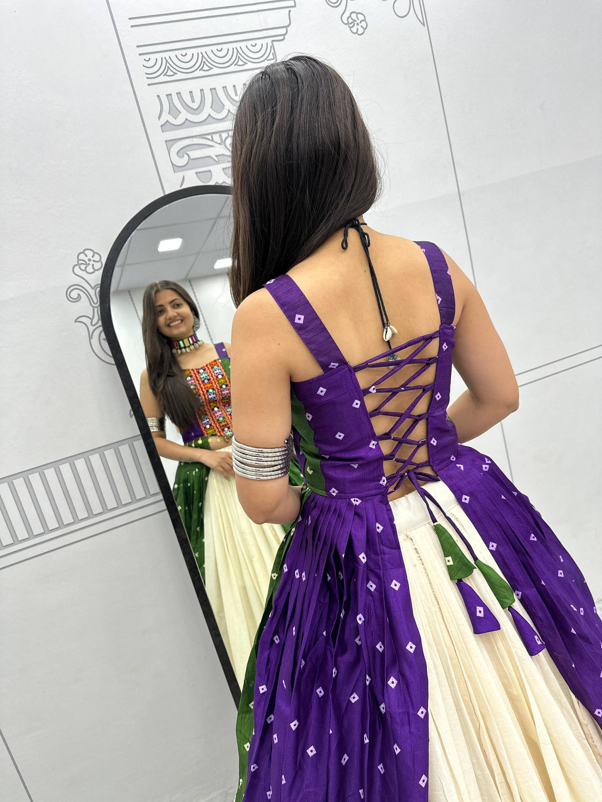 Amrita Bandhej Gamthi Mirror Lehenga Choli