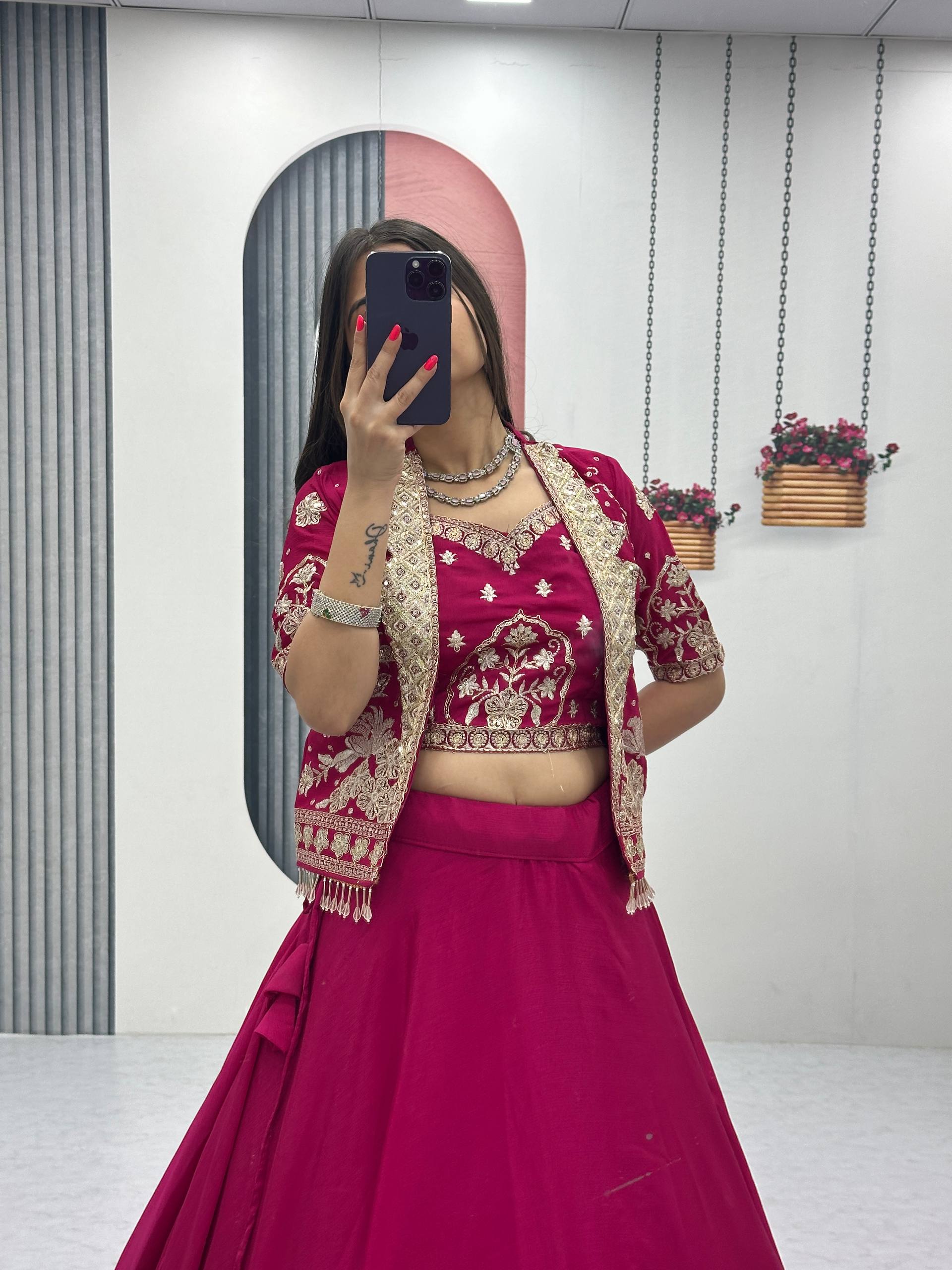Anushka Chinon Crop Top Jacket Lehenga Choli