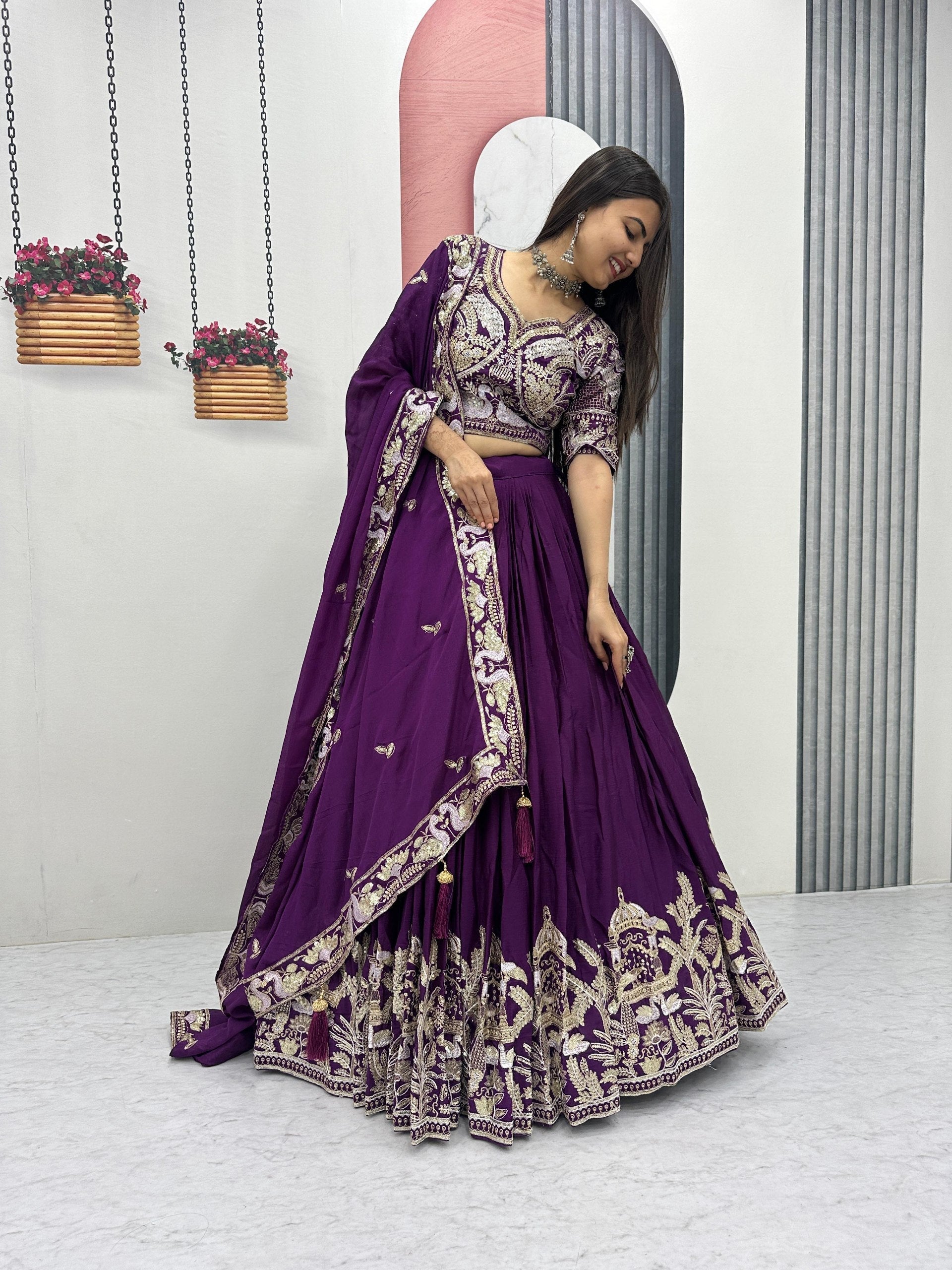 Mishika Chinon Heavy Embroidery Lehenga Choli