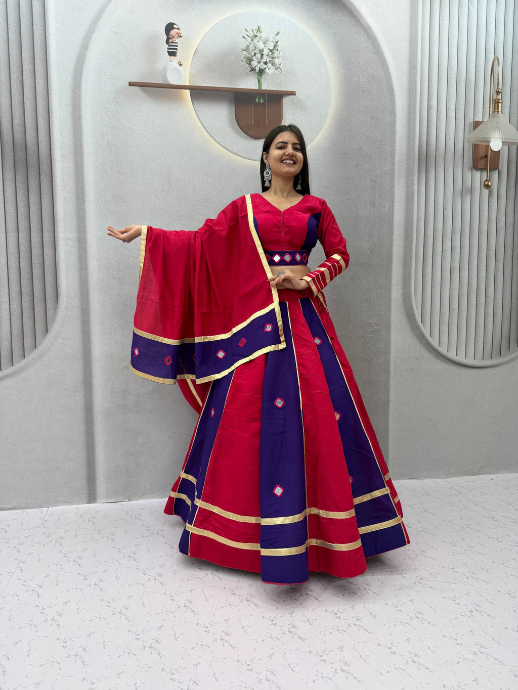 Aashika Roman Silk Mirror Work Lehenga Choli