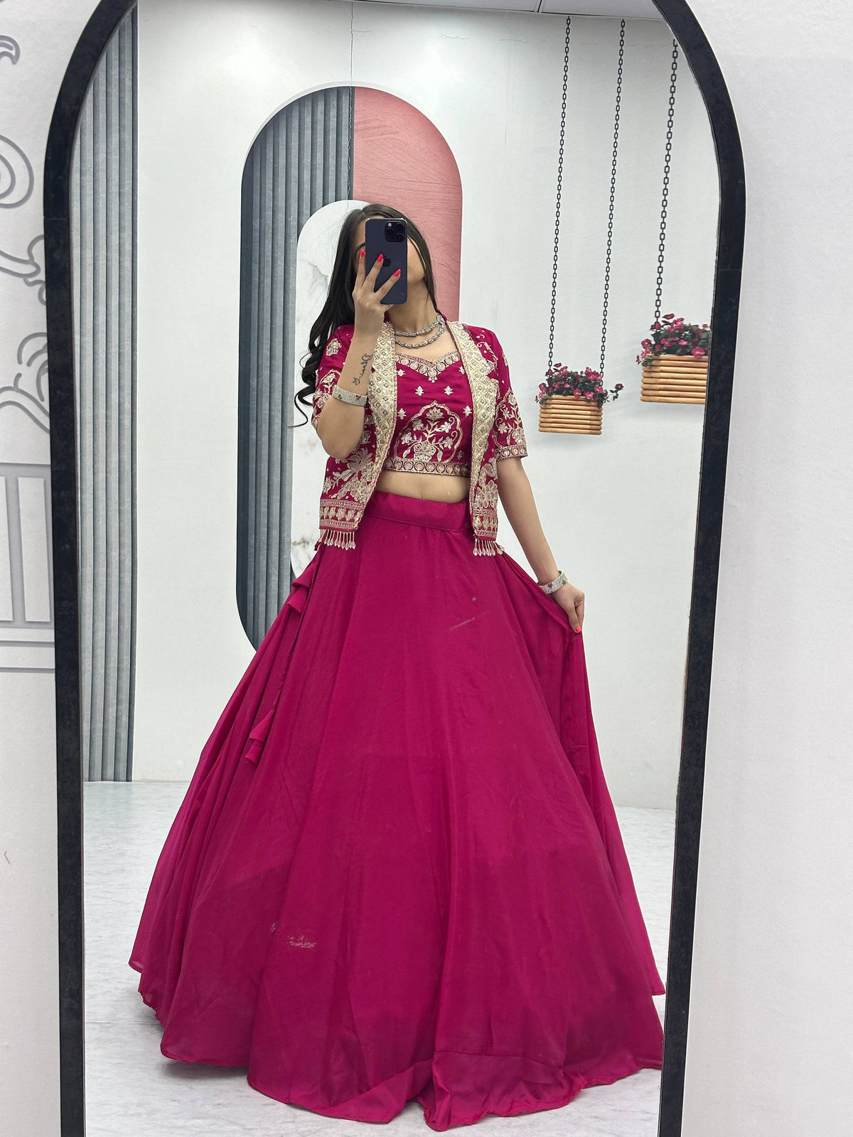 Anushka Chinon Crop Top Jacket Lehenga Choli