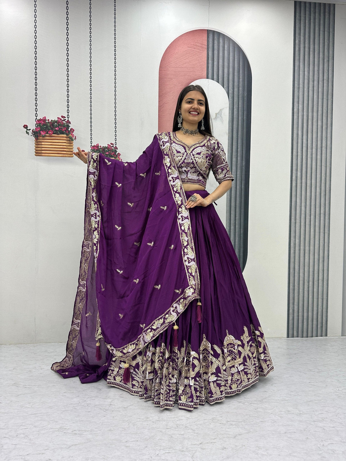Mishika Chinon Heavy Embroidery Lehenga Choli